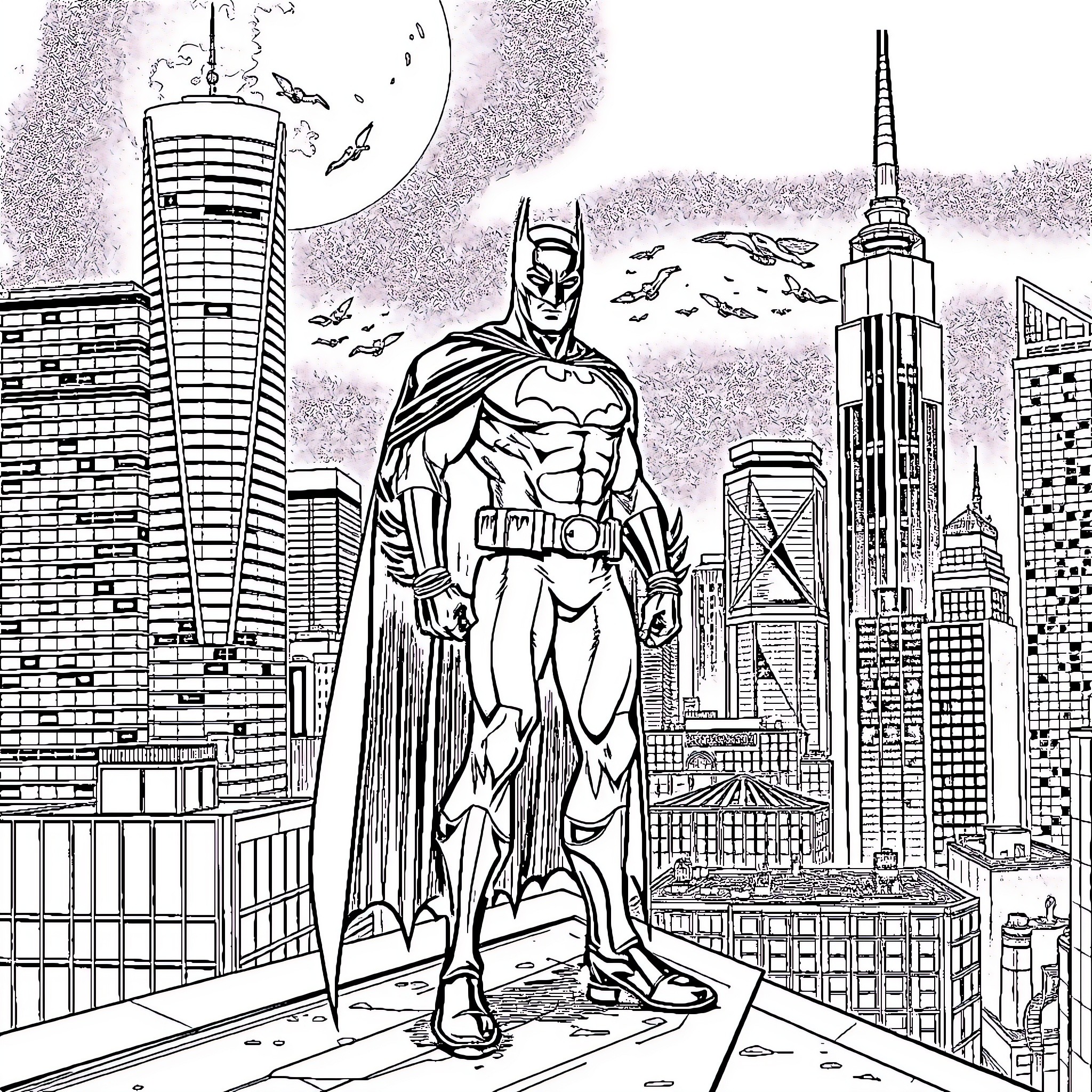 Batman overlooking the city skyline Coloring Page (free black-and-white line drawing printable PDF for all, from beginners to advanced learners, including children, teens, adults, and seniors)