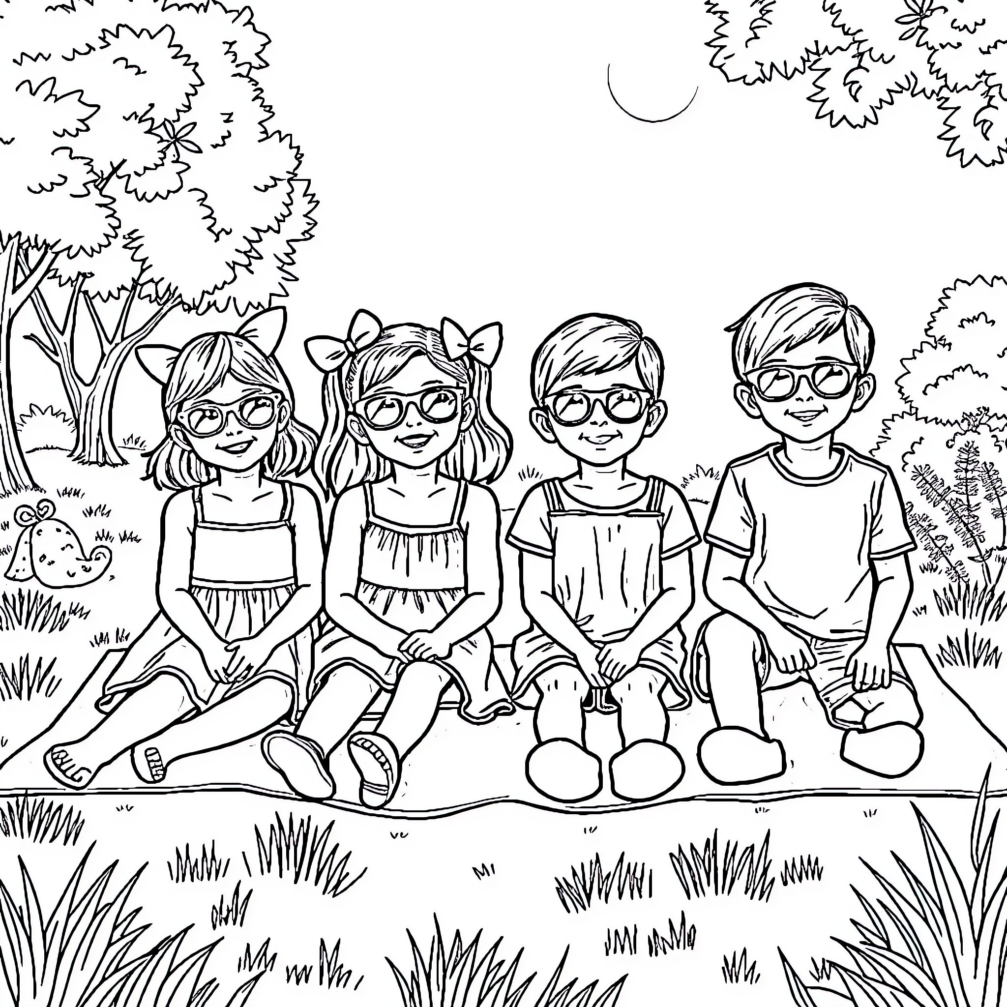 Girls enjoying nature together in a park Coloring Page (free black-and-white line drawing printable PDF for all, from beginners to advanced learners, including children, teens, adults, and seniors)