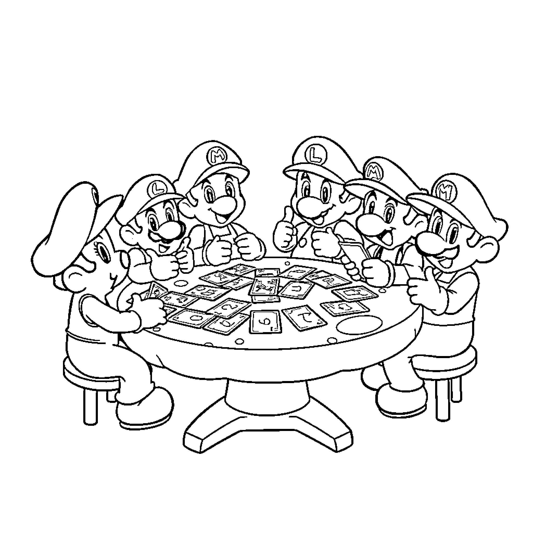Mario and friends playing a board game together Coloring Page (free black-and-white line drawing printable PDF for all, from beginners to advanced learners, including children, teens, adults, and seniors)