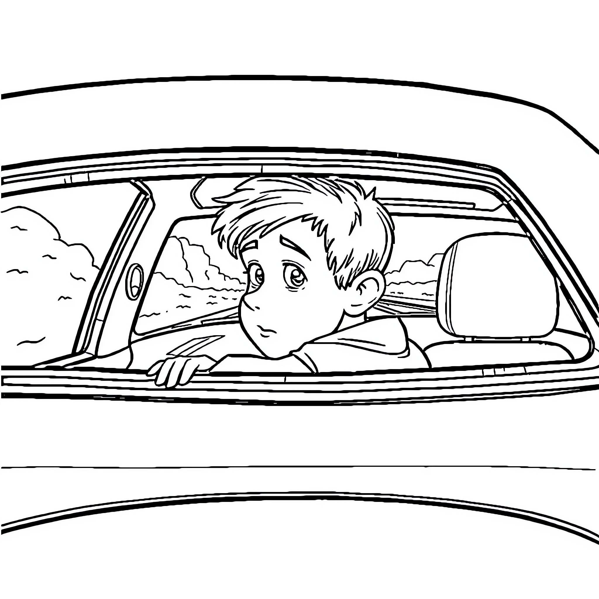 Boy peering out from the backseat of a car Coloring Page (free black-and-white line drawing printable PDF for all, from beginners to advanced learners, including children, teens, adults, and seniors)