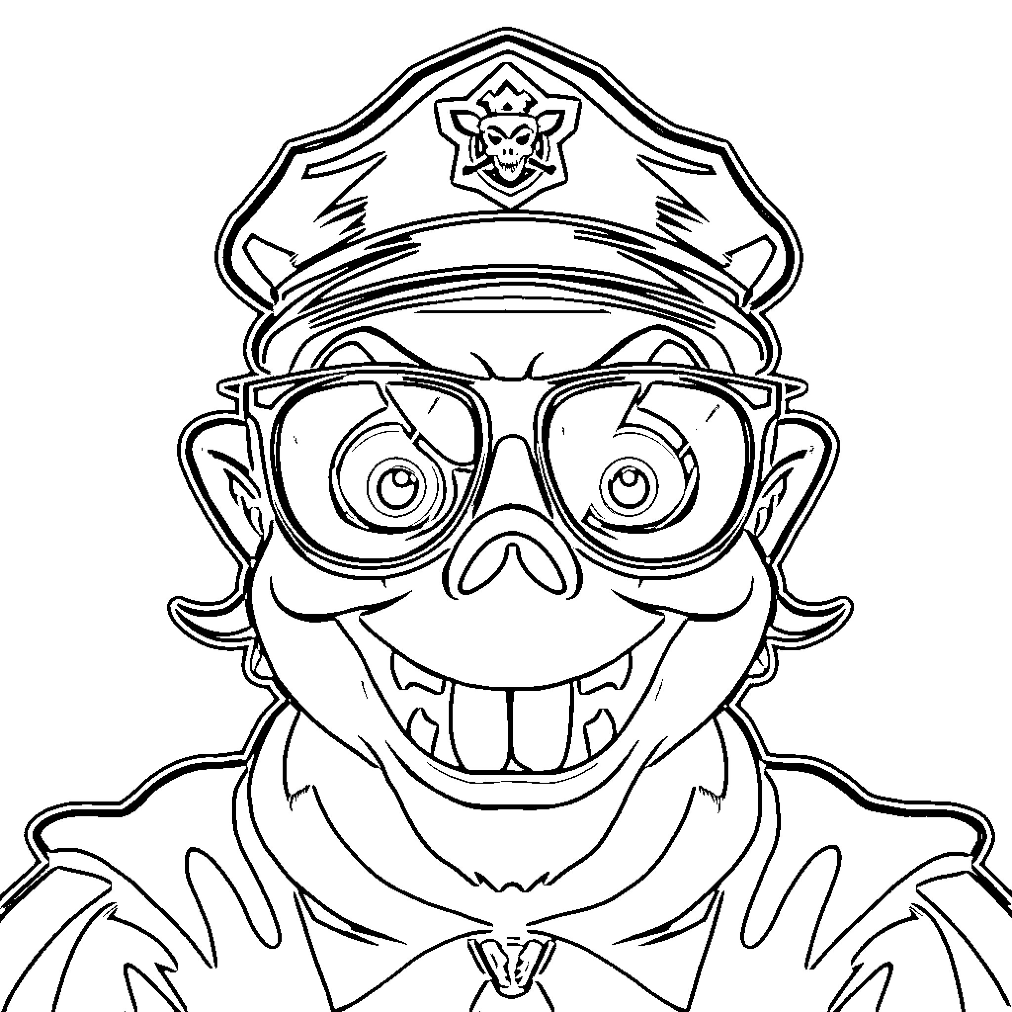 King Boo as a goofy police officer Coloring Page (free black-and-white line drawing printable PDF for all, from beginners to advanced learners, including children, teens, adults, and seniors)