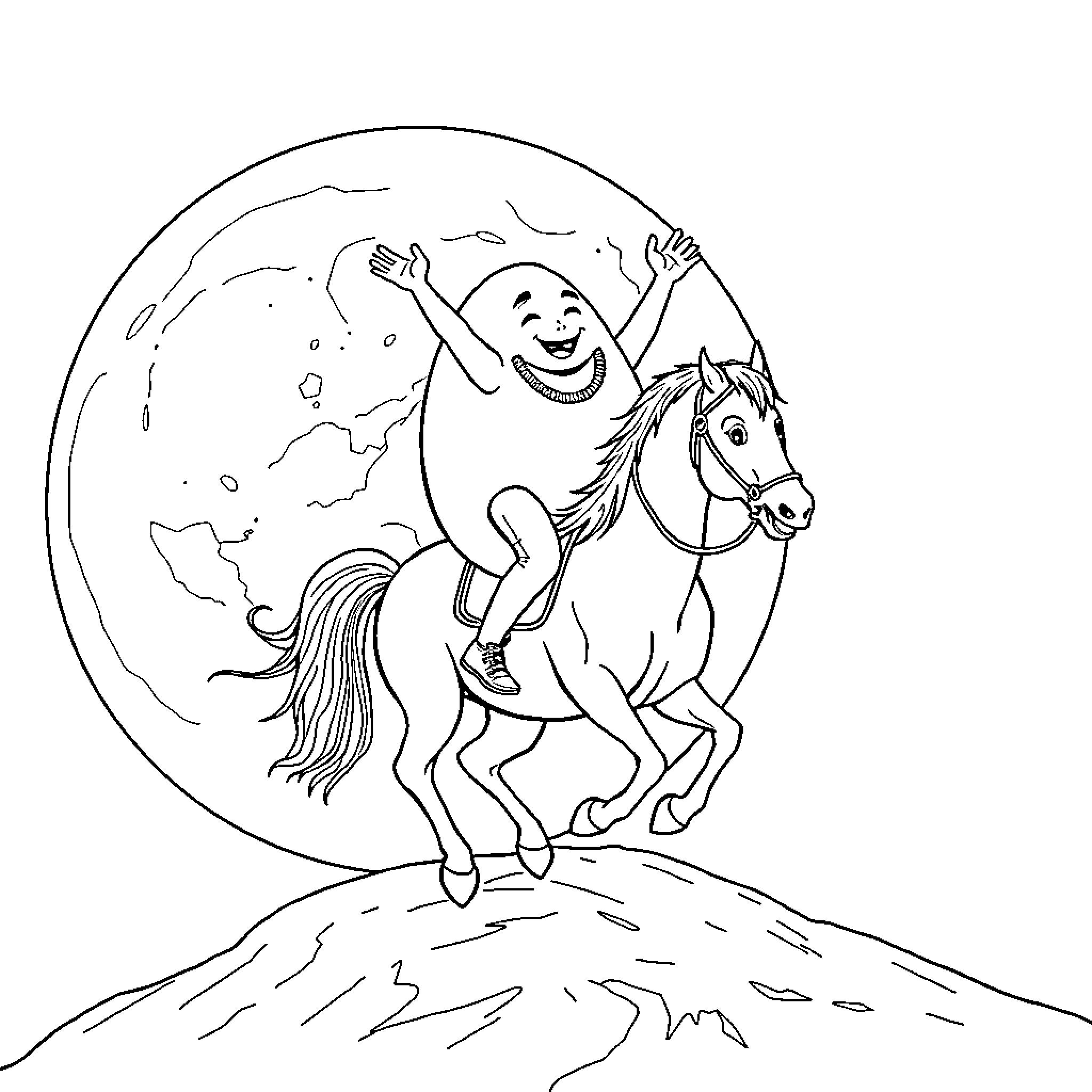 Person riding horse in front of moon Coloring Page (free black-and-white line drawing printable PDF for all, from beginners to advanced learners, including children, teens, adults, and seniors)