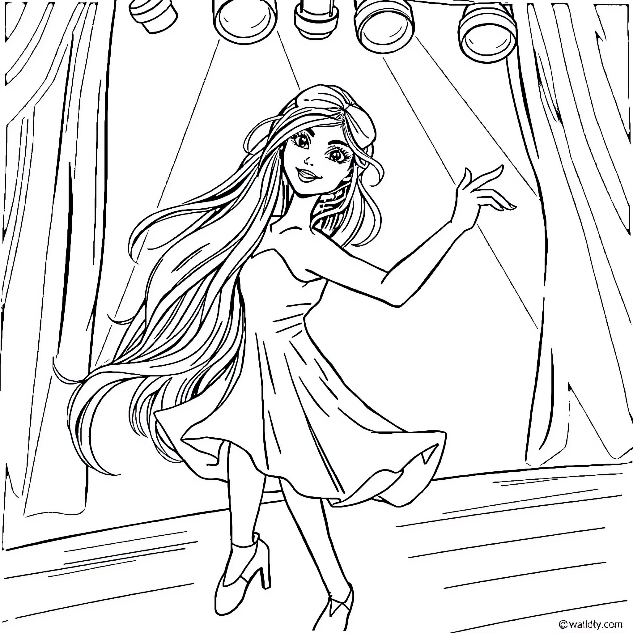 Tap Dancer performing on stage with artistic flair Coloring Page (free black-and-white line drawing printable PDF for all, from beginners to advanced learners, including children, teens, adults, and seniors)