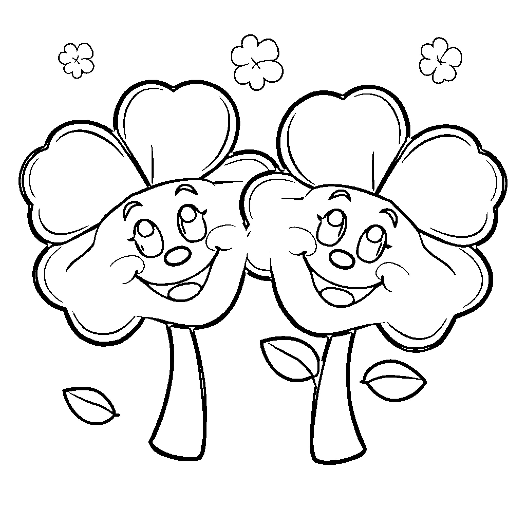 Shamrock friends playing together happily Coloring Page (free black-and-white line drawing printable PDF for all, from beginners to advanced learners, including children, teens, adults, and seniors)