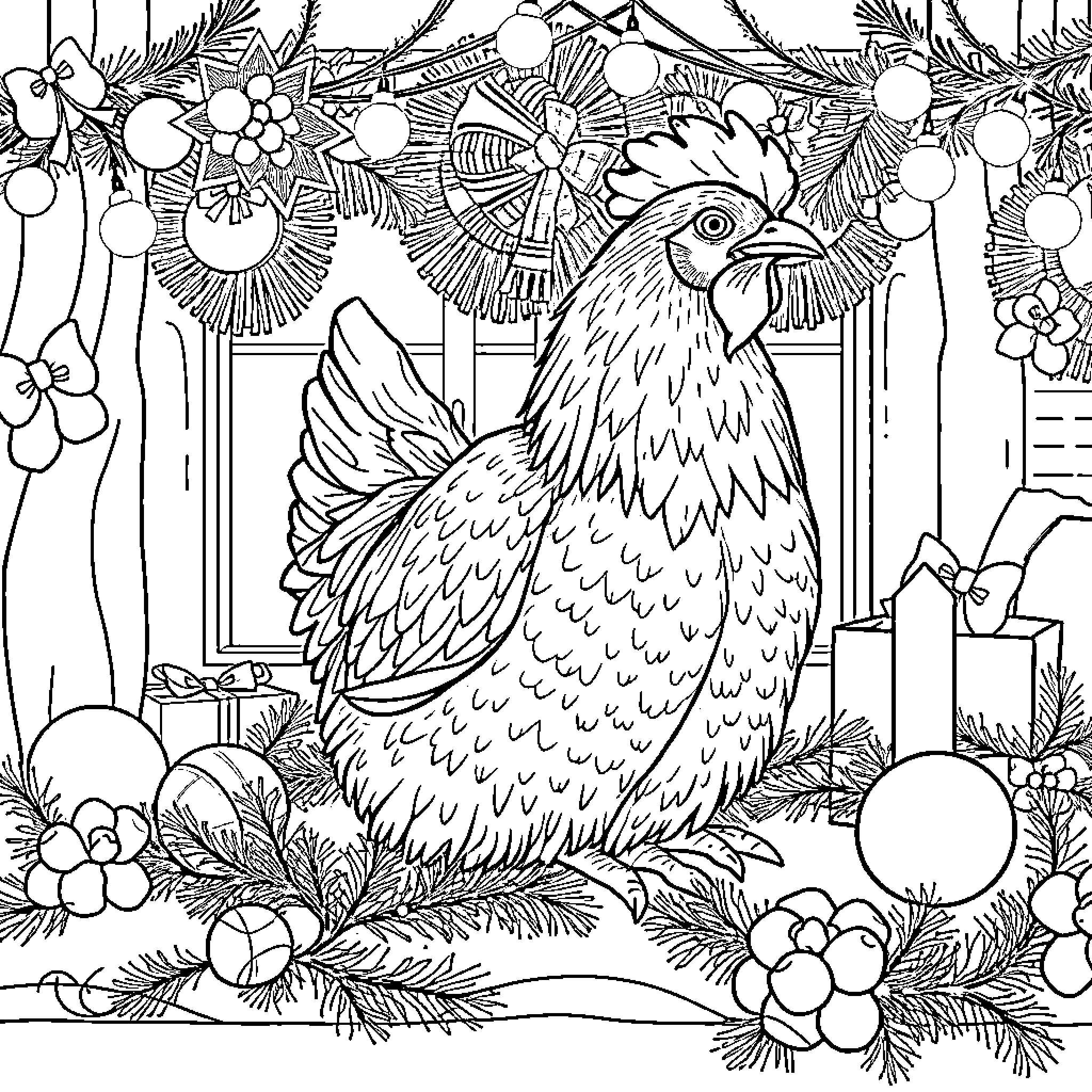 Chicken surrounded by floral decorations and ornaments Coloring Page (free black-and-white line drawing printable PDF for all, from beginners to advanced learners, including children, teens, adults, and seniors)
