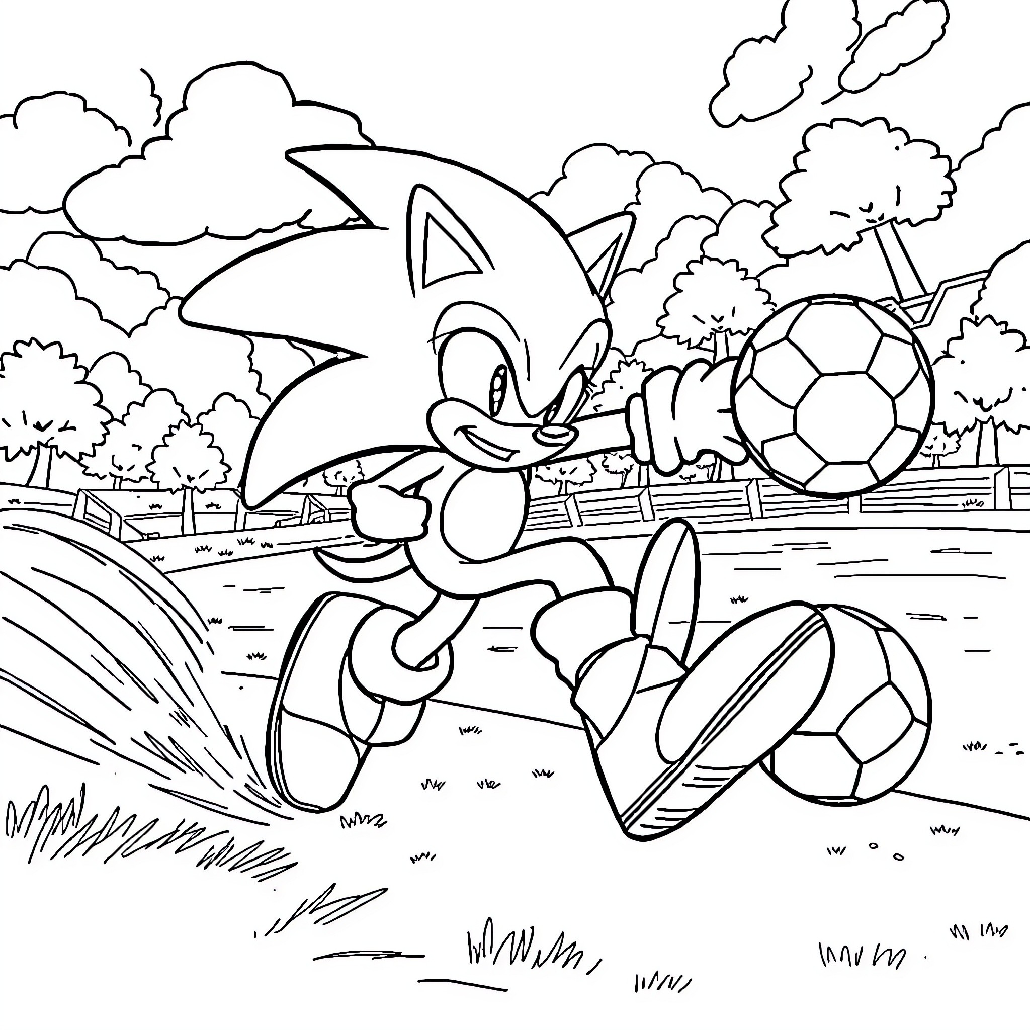 Sonic playing with soccer balls in an outdoor park Coloring Page (free black-and-white line drawing printable PDF for all, from beginners to advanced learners, including children, teens, adults, and seniors)