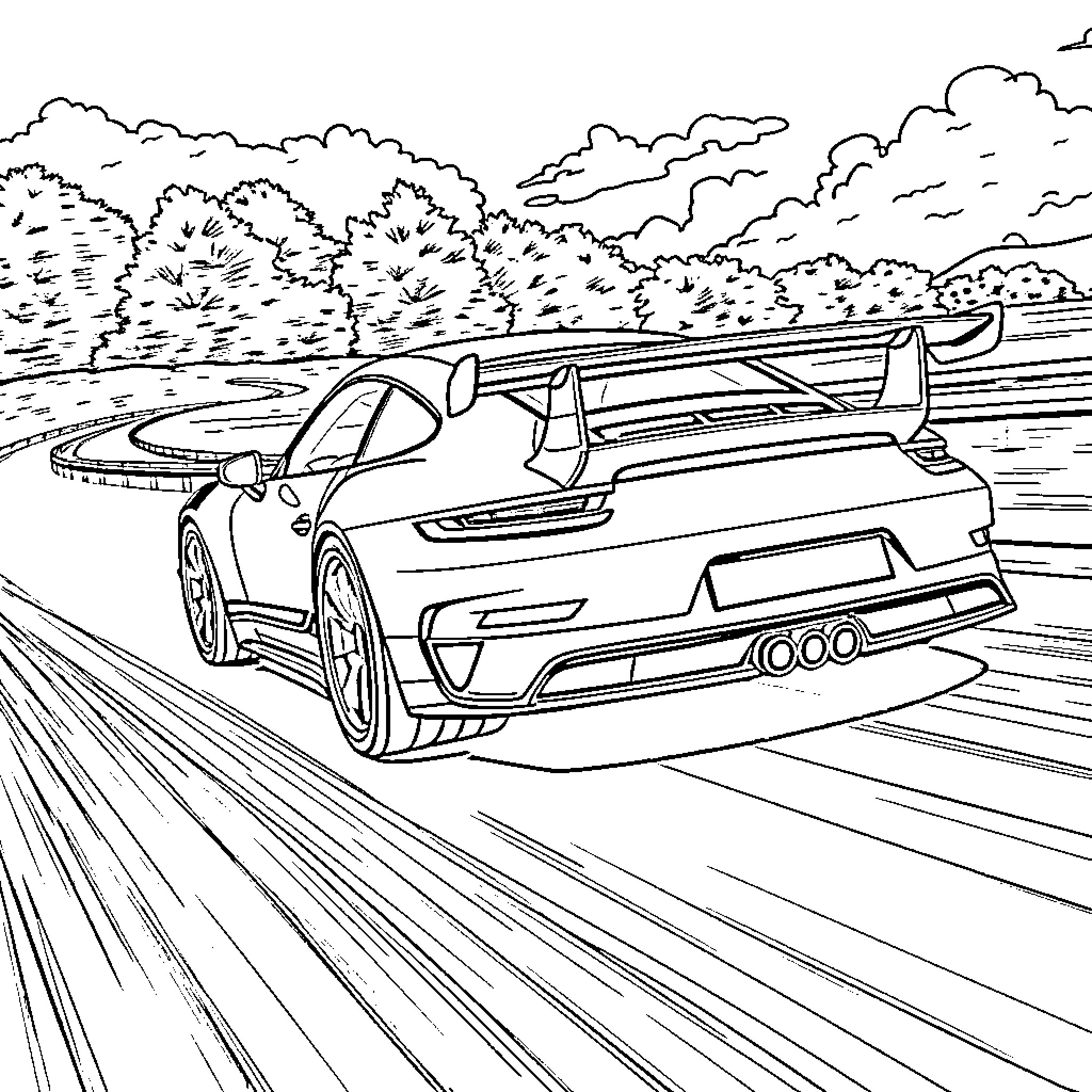 911 GT3 RS racing on a winding track through the forest Coloring Page (free black-and-white line drawing printable PDF for all, from beginners to advanced learners, including children, teens, adults, and seniors)