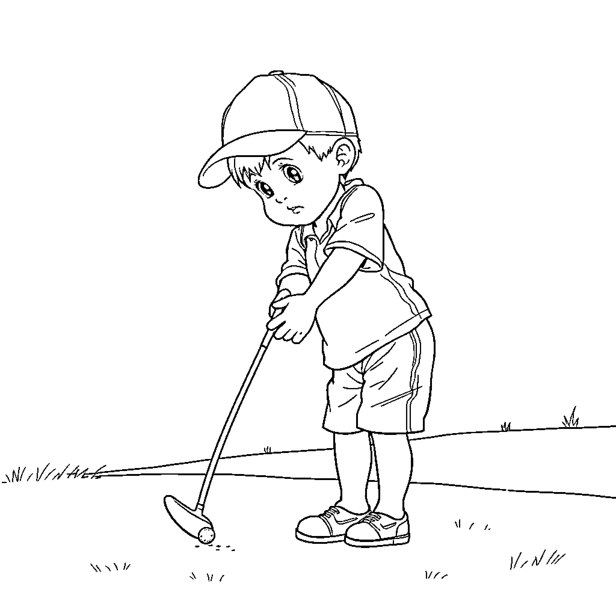 Child playing mini golf on the course Coloring Page (free black-and-white line drawing printable PDF for all, from beginners to advanced learners, including children, teens, adults, and seniors)