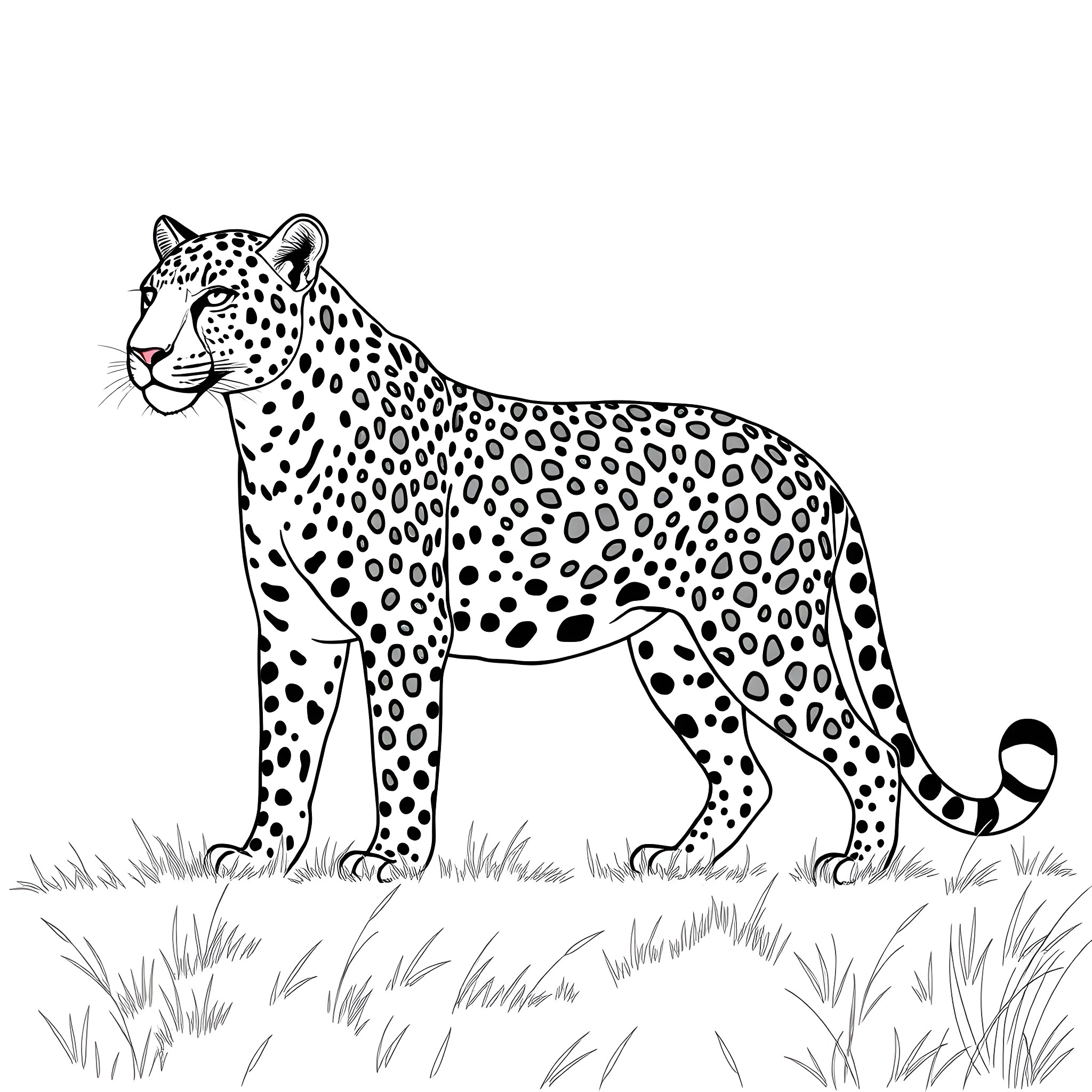 Leopard standing alert in the wild Coloring Page (free black-and-white line drawing printable PDF for all, from beginners to advanced learners, including children, teens, adults, and seniors)