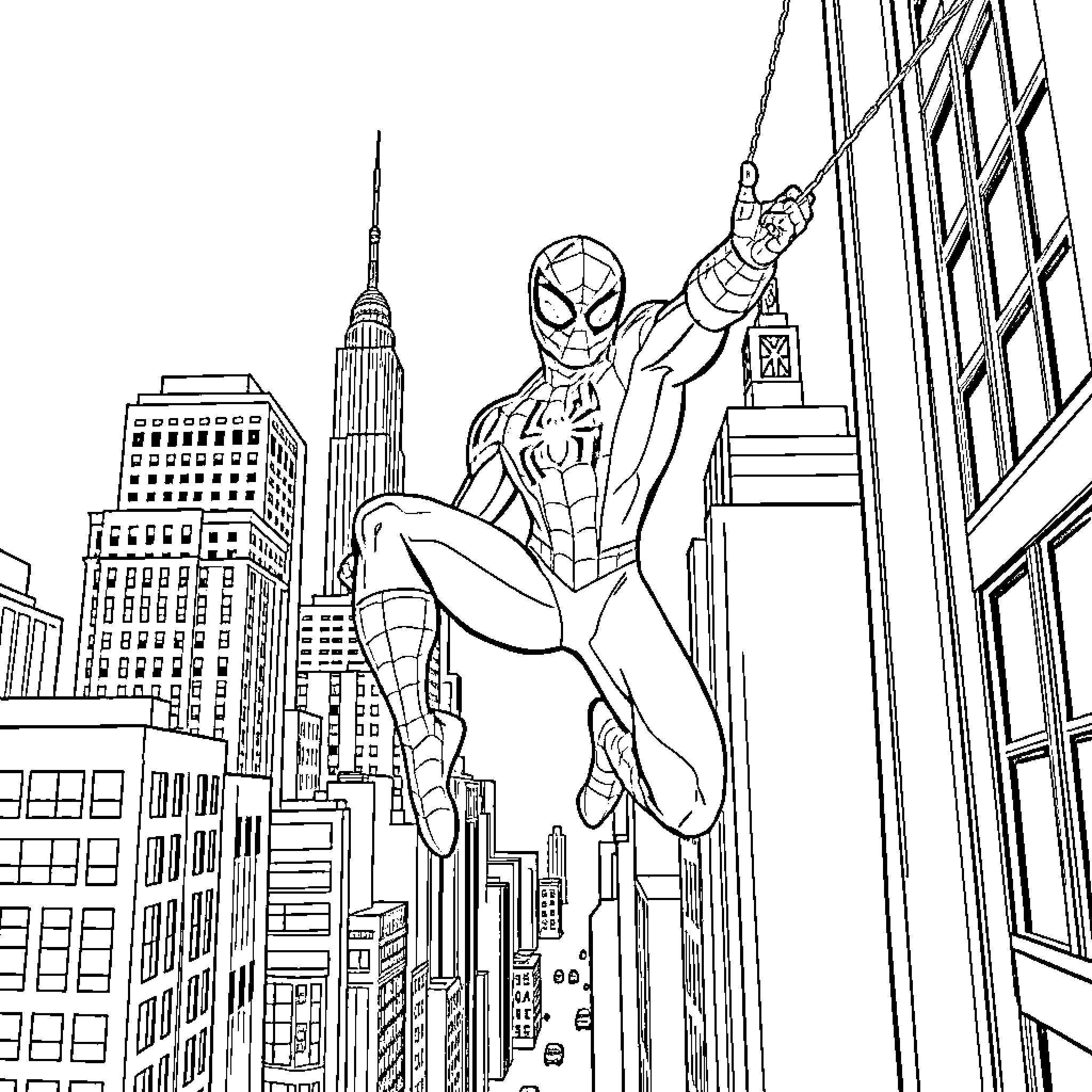 Spider-Man Swinging Through the City Skyline Coloring Page (free black-and-white line drawing printable PDF for all, from beginners to advanced learners, including children, teens, adults, and seniors)