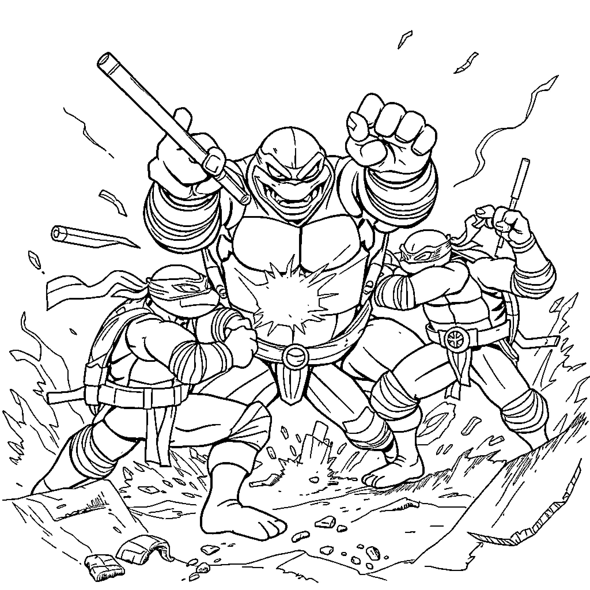 Ninja Turtles in action-packed adventure Coloring Page (free black-and-white line drawing printable PDF for all, from beginners to advanced learners, including children, teens, adults, and seniors)