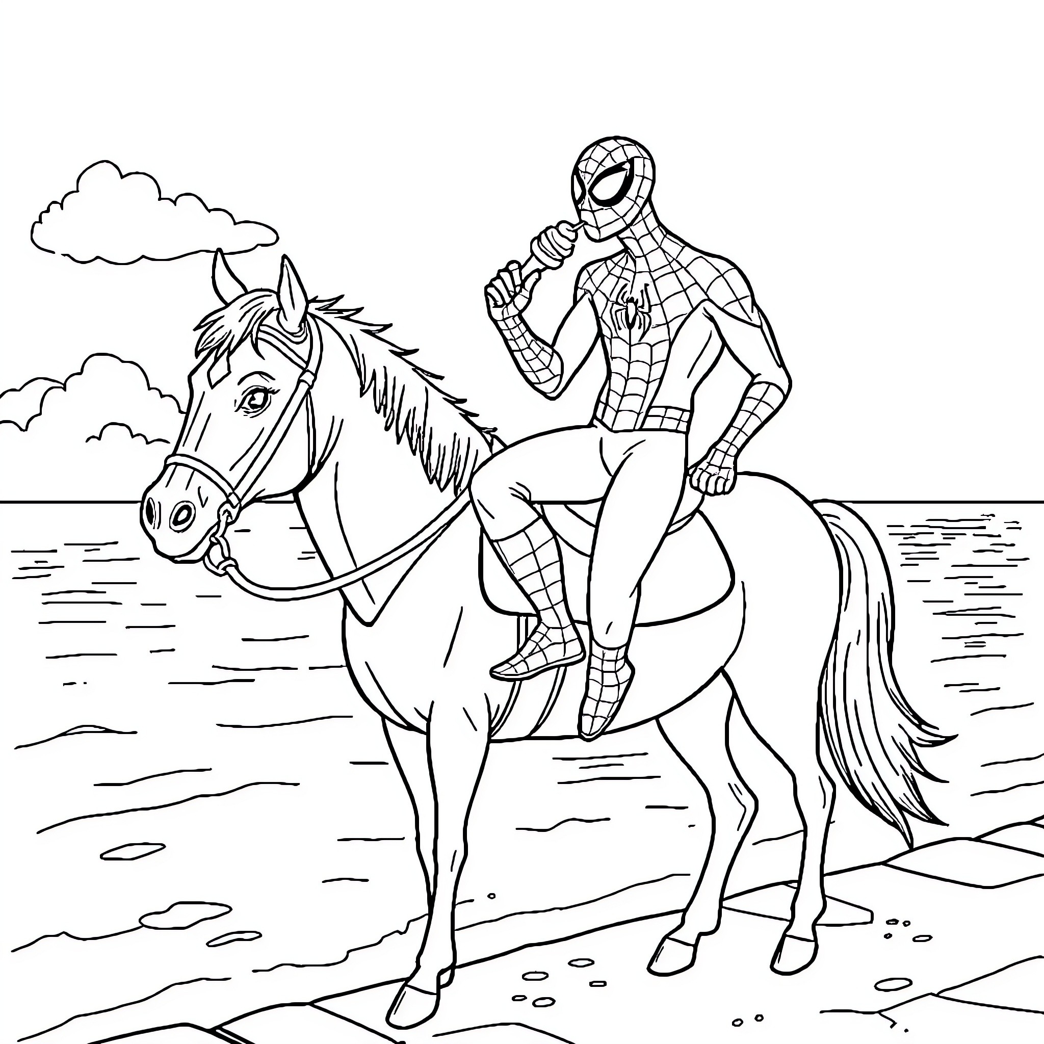 Spiderman riding a horse through the countryside Coloring Page (free black-and-white line drawing printable PDF for all, from beginners to advanced learners, including children, teens, adults, and seniors)