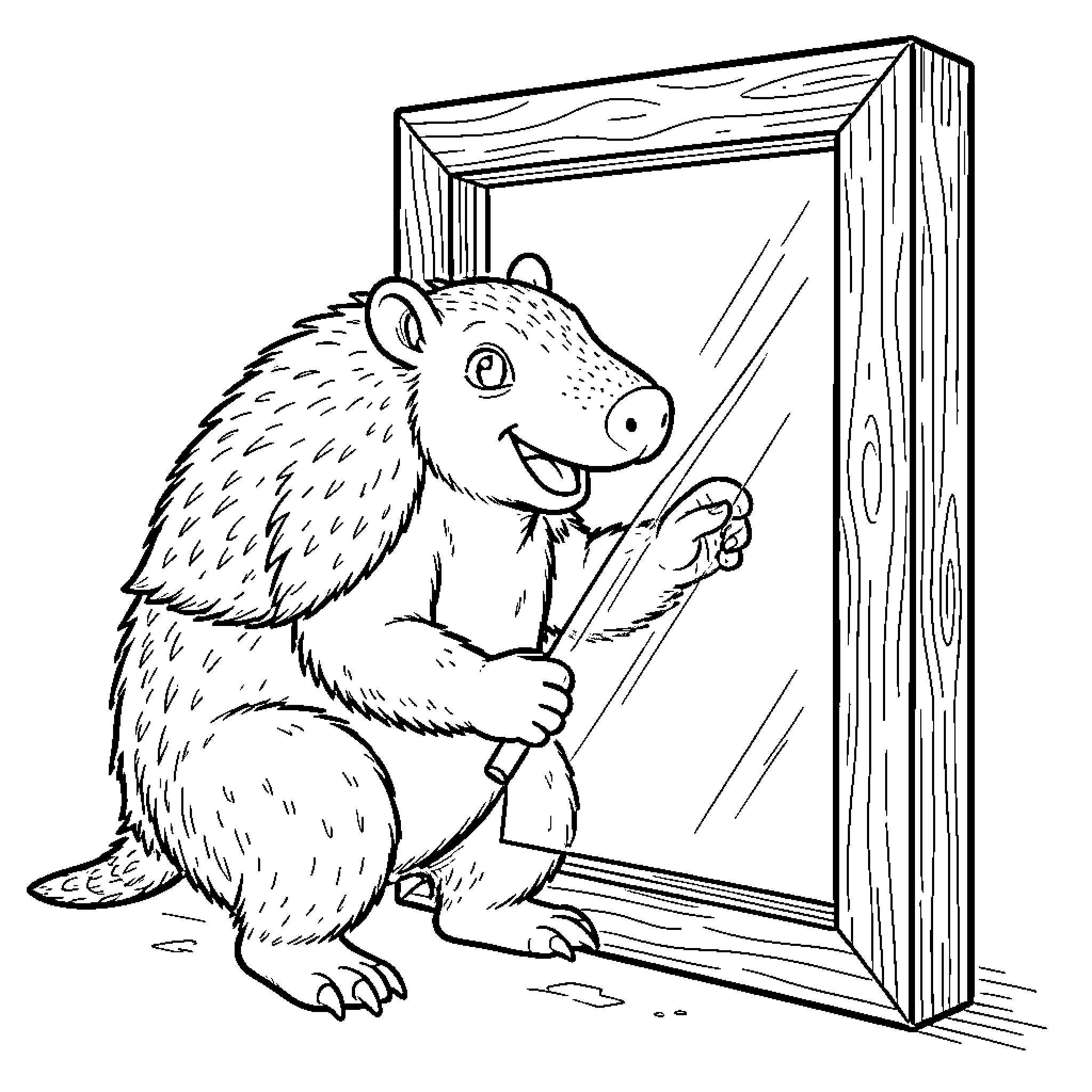Aardvark looking curiously into a large framed mirror Coloring Page (free black-and-white line drawing printable PDF for all, from beginners to advanced learners, including children, teens, adults, and seniors)