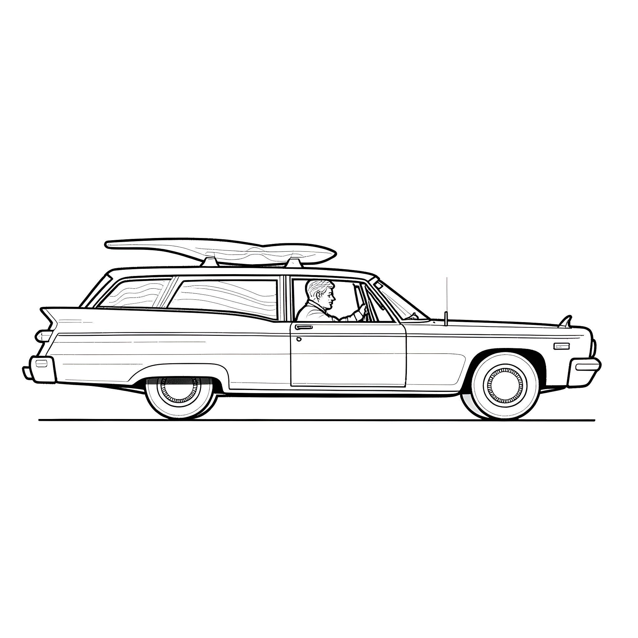 JFK's Classic Station Wagon with Surfboard Coloring Page (free black-and-white line drawing printable PDF for all, from beginners to advanced learners, including children, teens, adults, and seniors)
