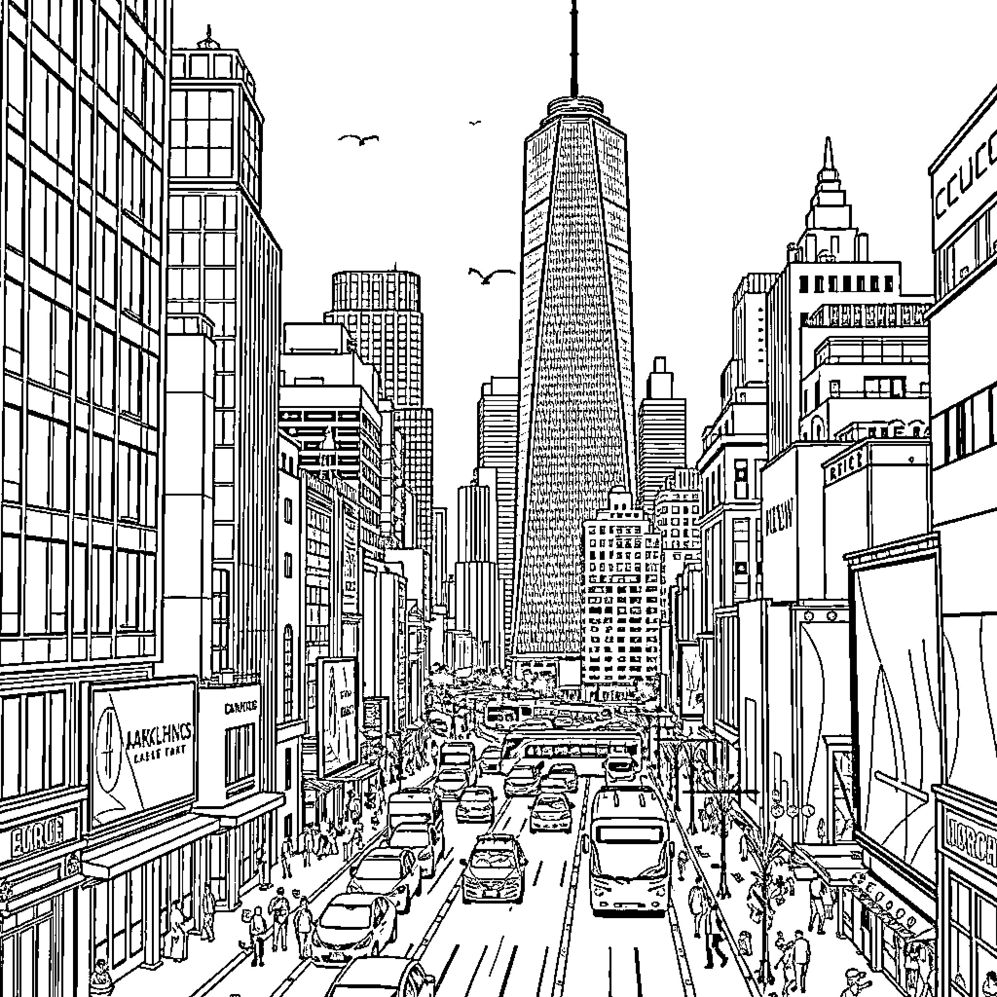 City bustling with busy traffic and towering skyscrapers Coloring Page (free black-and-white line drawing printable PDF for all, from beginners to advanced learners, including children, teens, adults, and seniors)