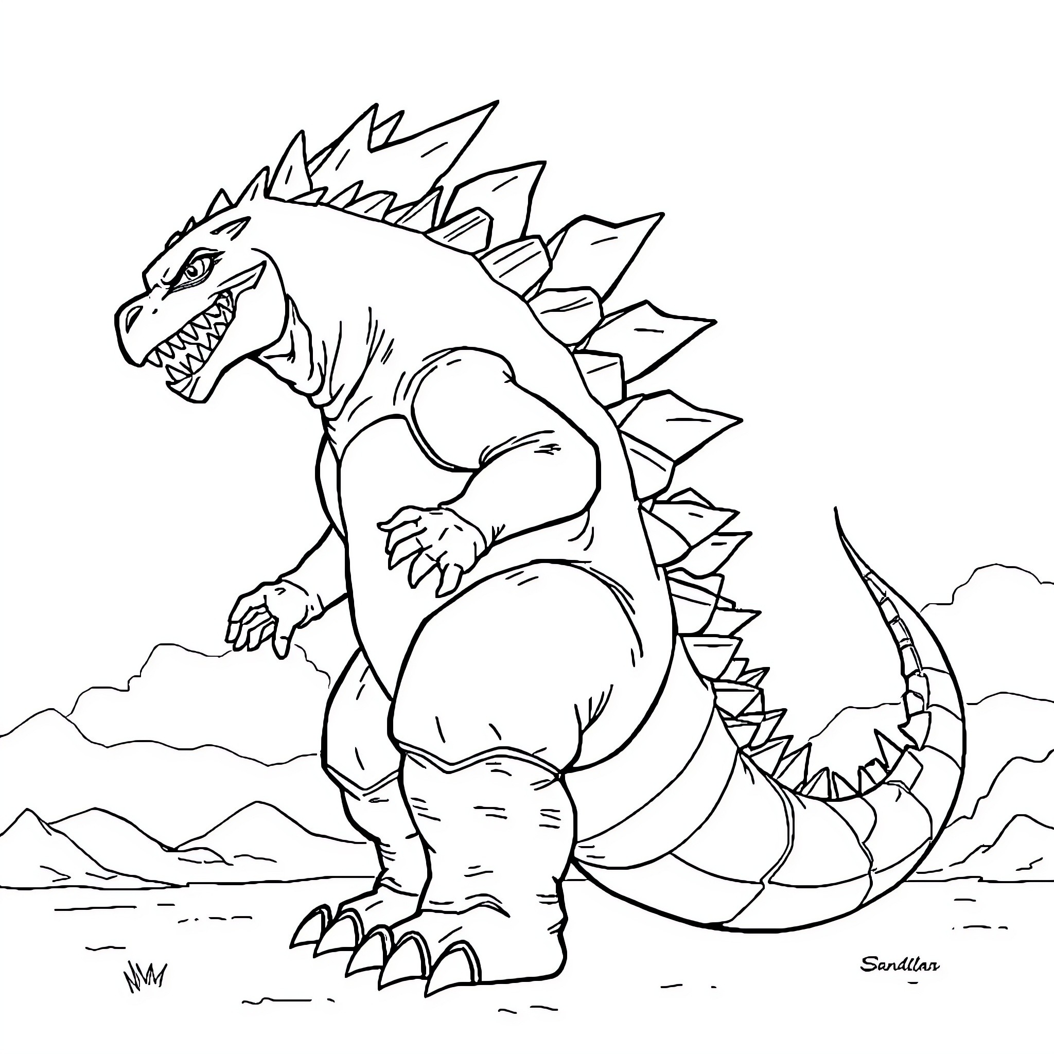 Godzilla unleashing destruction in the landscape Coloring Page (free black-and-white line drawing printable PDF for all, from beginners to advanced learners, including children, teens, adults, and seniors)