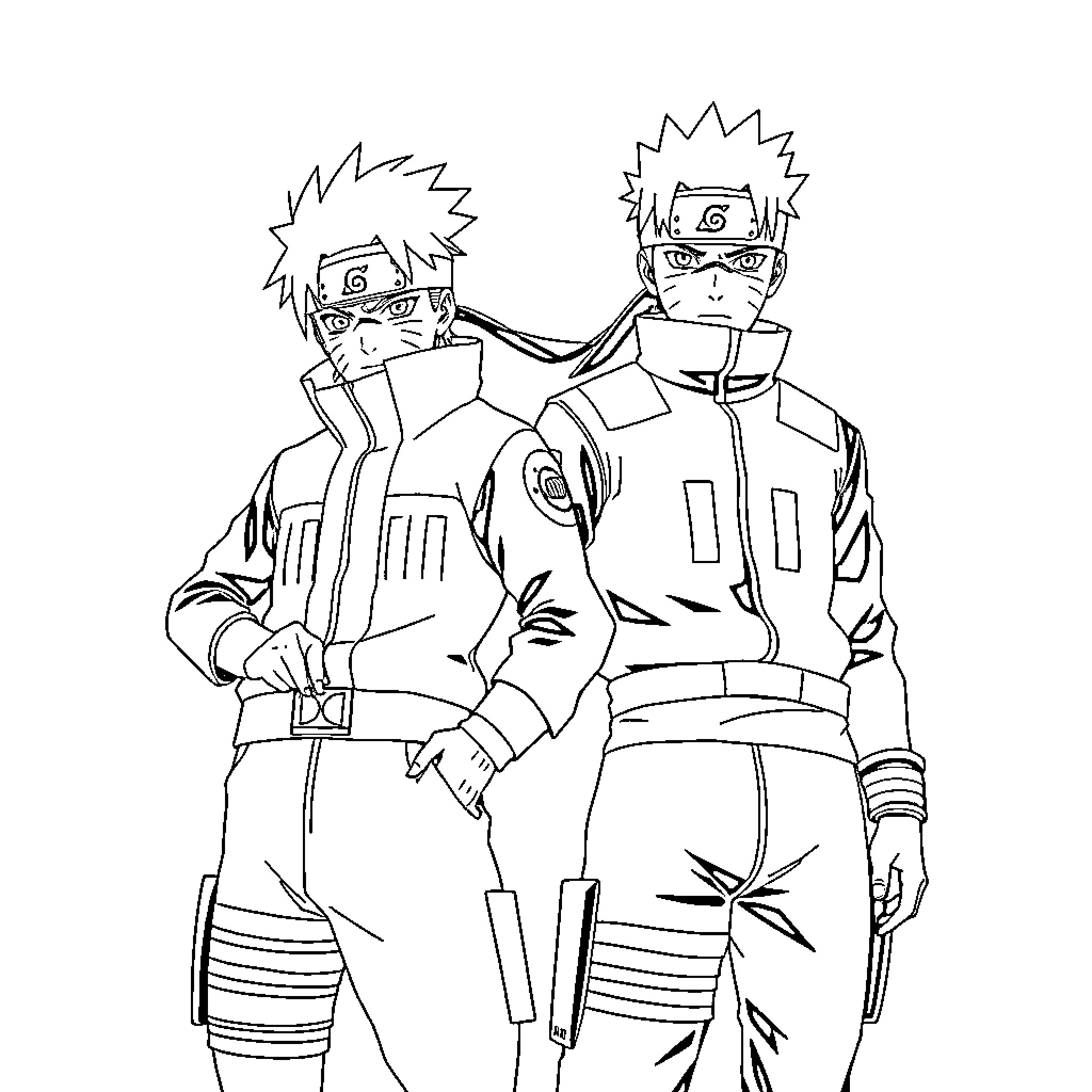Naruto Shinobi Brothers in Ninja Outfit Coloring Page (free black-and-white line drawing printable PDF for all, from beginners to advanced learners, including children, teens, adults, and seniors)