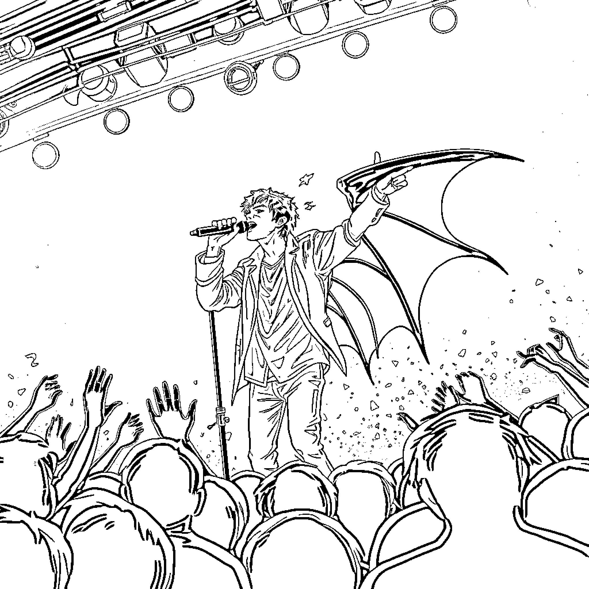 Kpop Performer Captivates Crowd with Energetic Stage Presence Coloring Page (free black-and-white line drawing printable PDF for all, from beginners to advanced learners, including children, teens, adults, and seniors)