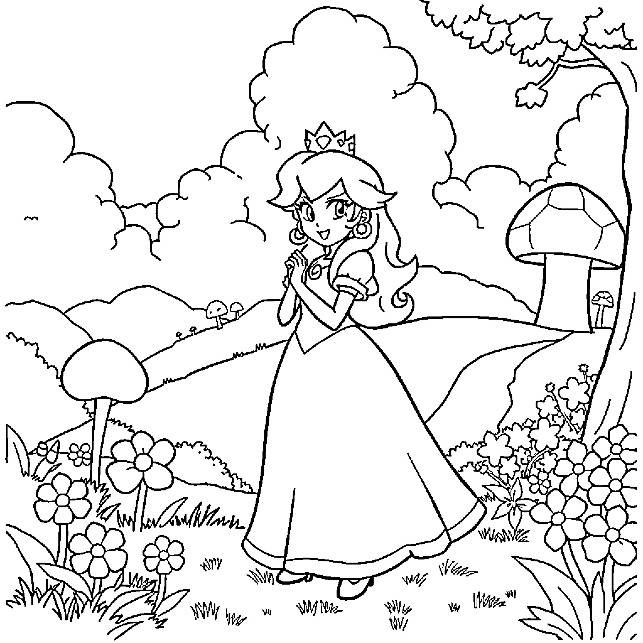 Princess exploring the enchanted forest Coloring Page (free black-and-white line drawing printable PDF for all, from beginners to advanced learners, including children, teens, adults, and seniors)