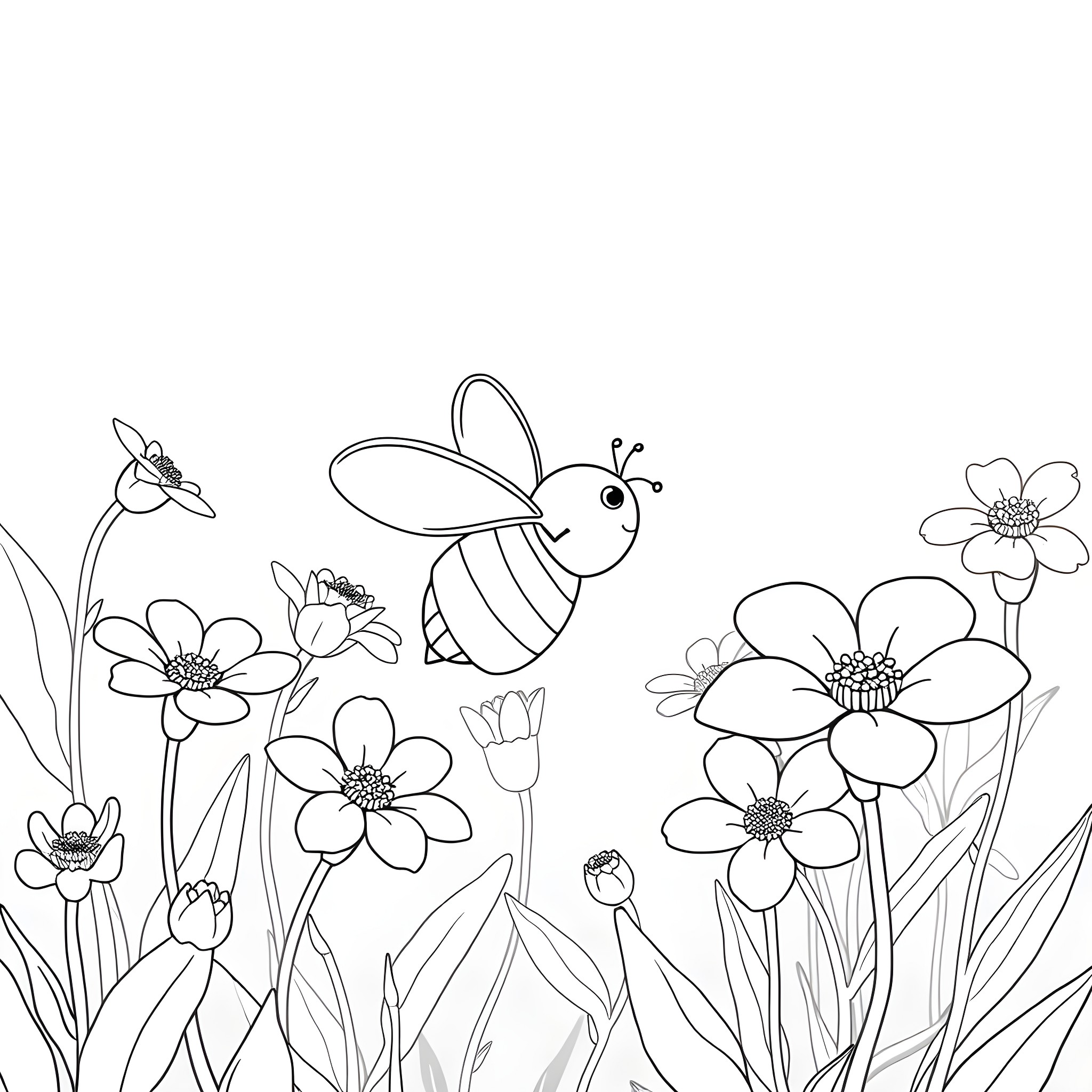 Bee flying among blooming flowers Coloring Page (free black-and-white line drawing printable PDF for all, from beginners to advanced learners, including children, teens, adults, and seniors)