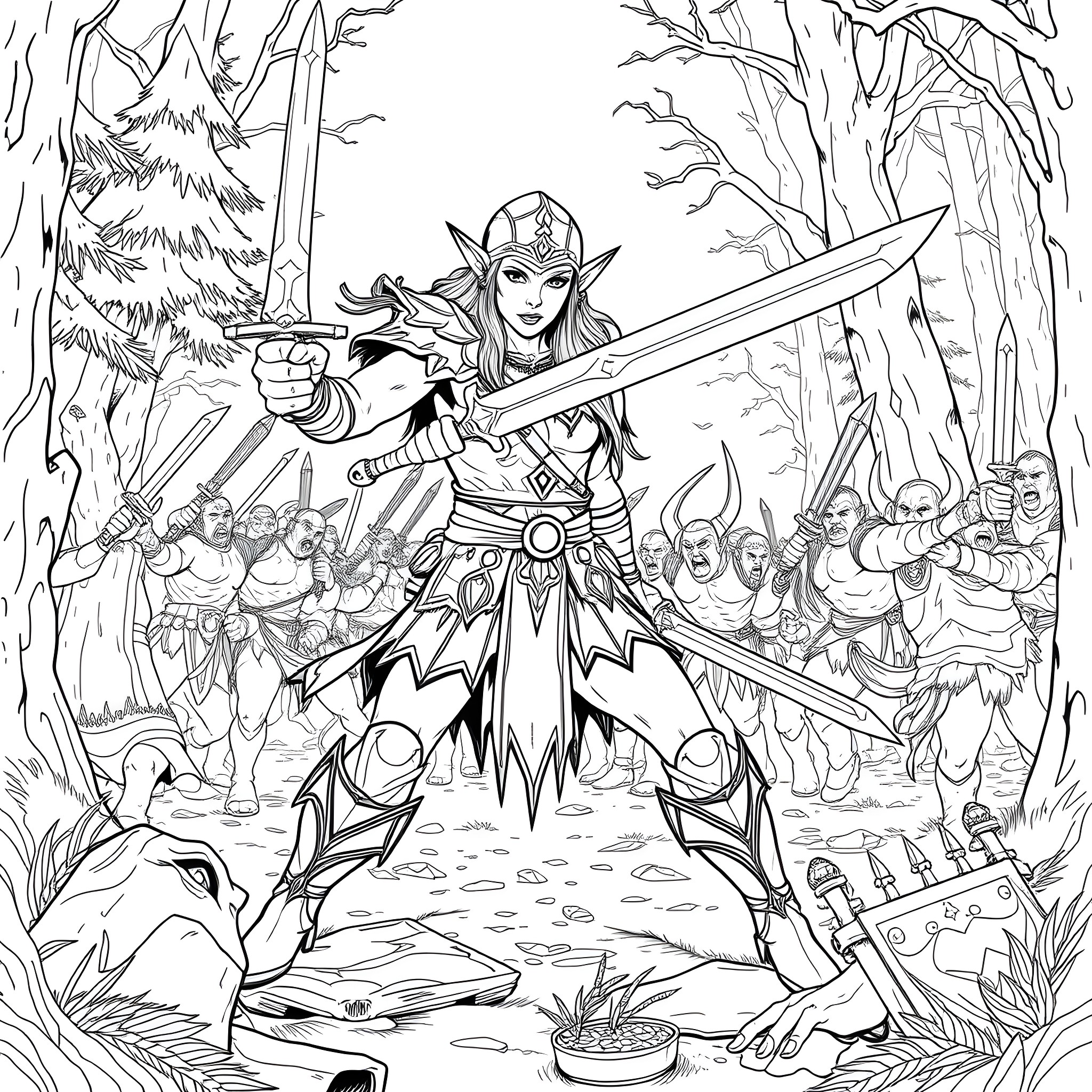 Elf Warrior Fights Enemies in the Forest Coloring Page (free black-and-white line drawing printable PDF for all, from beginners to advanced learners, including children, teens, adults, and seniors)