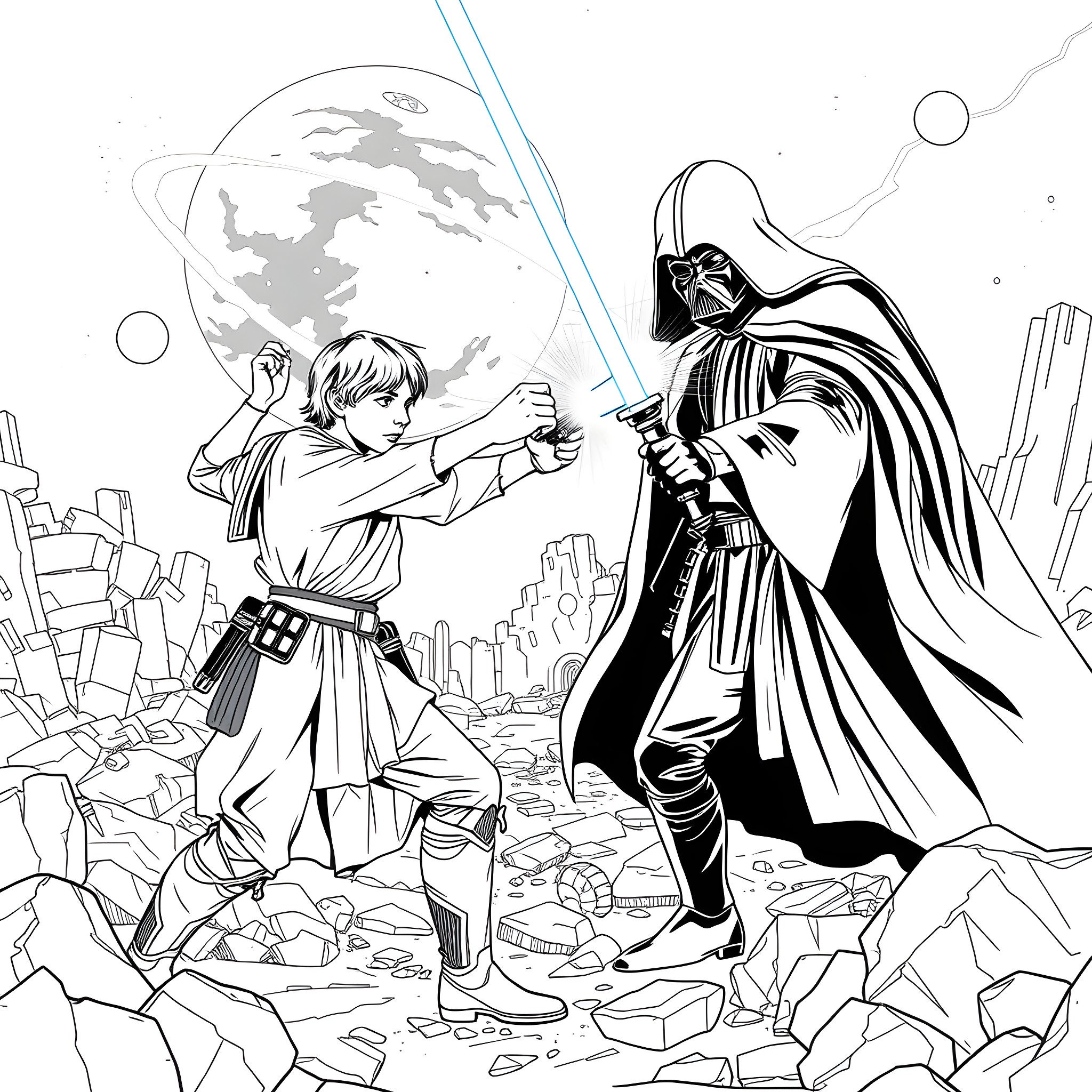 Luke Skywalker's Confrontation with Darth Vader Coloring Page (free black-and-white line drawing printable PDF for all, from beginners to advanced learners, including children, teens, adults, and seniors)