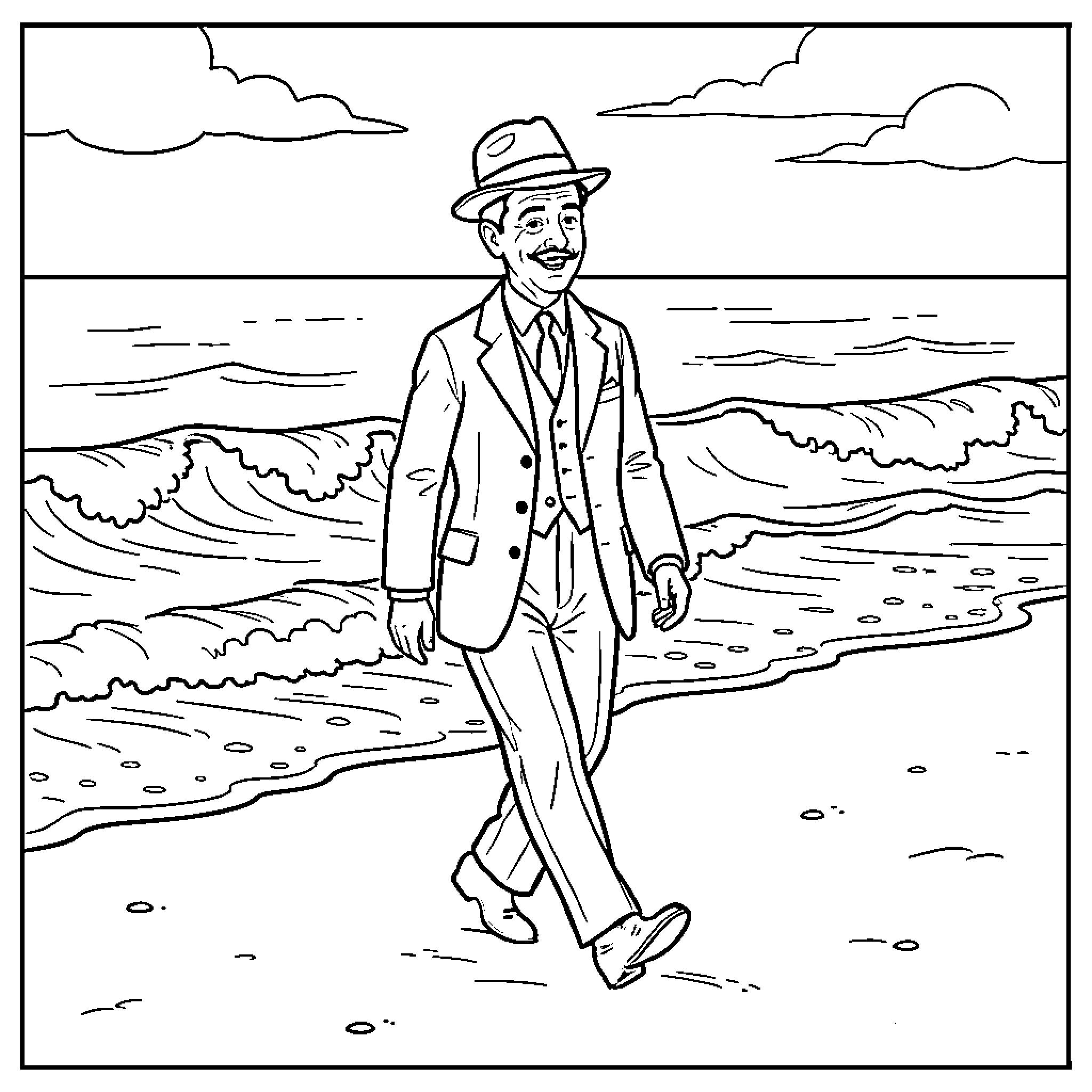 Chaplin strolling along the seaside Coloring Page (free black-and-white line drawing printable PDF for all, from beginners to advanced learners, including children, teens, adults, and seniors)