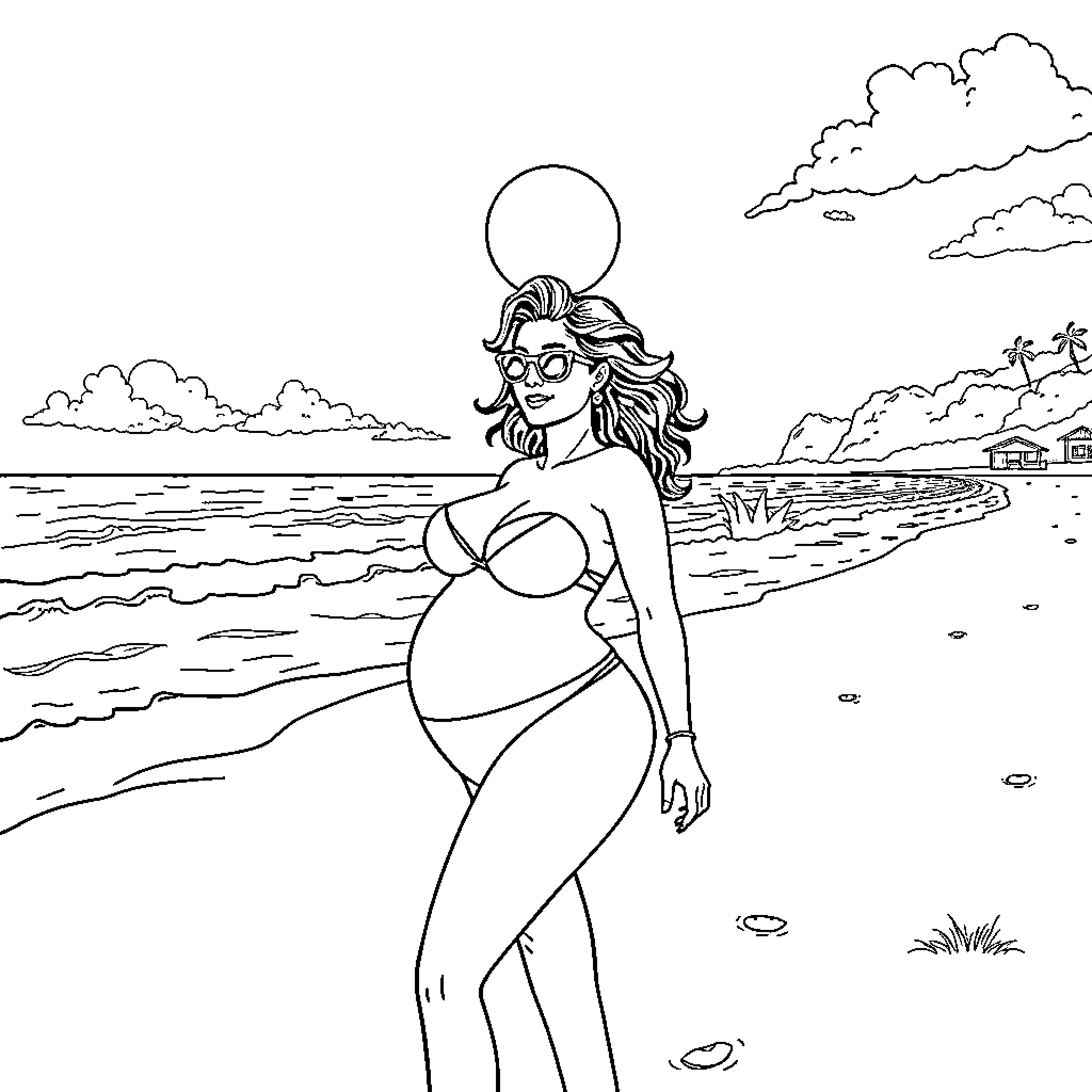Latina woman enjoying a summer day at the beach Coloring Page (free black-and-white line drawing printable PDF for all, from beginners to advanced learners, including children, teens, adults, and seniors)