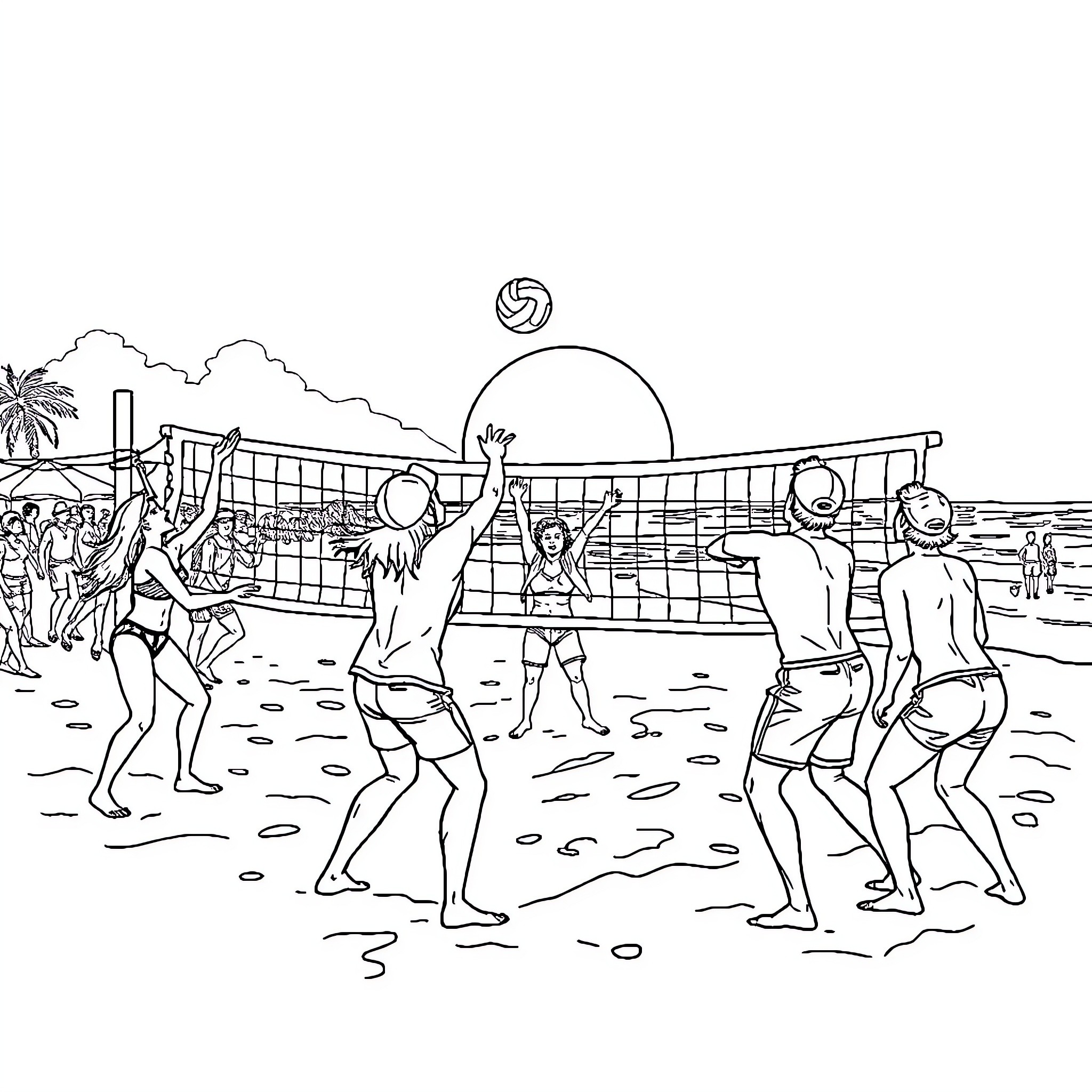 Volleyball players enjoying a beach game Coloring Page (free black-and-white line drawing printable PDF for all, from beginners to advanced learners, including children, teens, adults, and seniors)