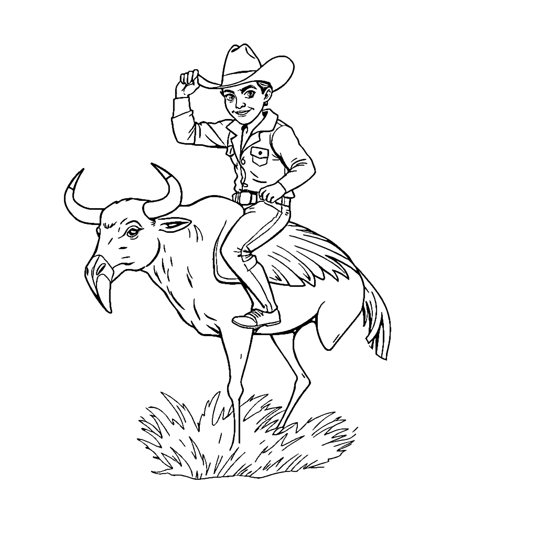 Bull Rider in Action on a Bucking Bronco Coloring Page (free black-and-white line drawing printable PDF for all, from beginners to advanced learners, including children, teens, adults, and seniors)