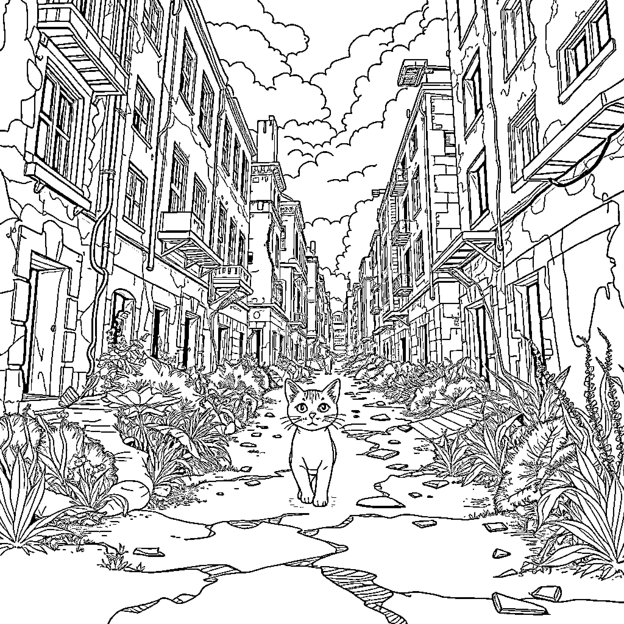 Cat exploring an abandoned city street Coloring Page (free black-and-white line drawing printable PDF for all, from beginners to advanced learners, including children, teens, adults, and seniors)