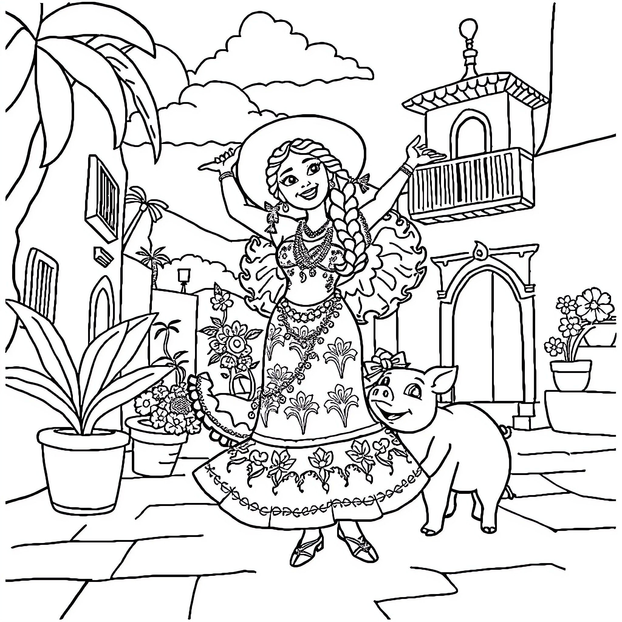 Moana in a Vibrant Island Scene with a Pet Pig Coloring Page (free black-and-white line drawing printable PDF for all, from beginners to advanced learners, including children, teens, adults, and seniors)