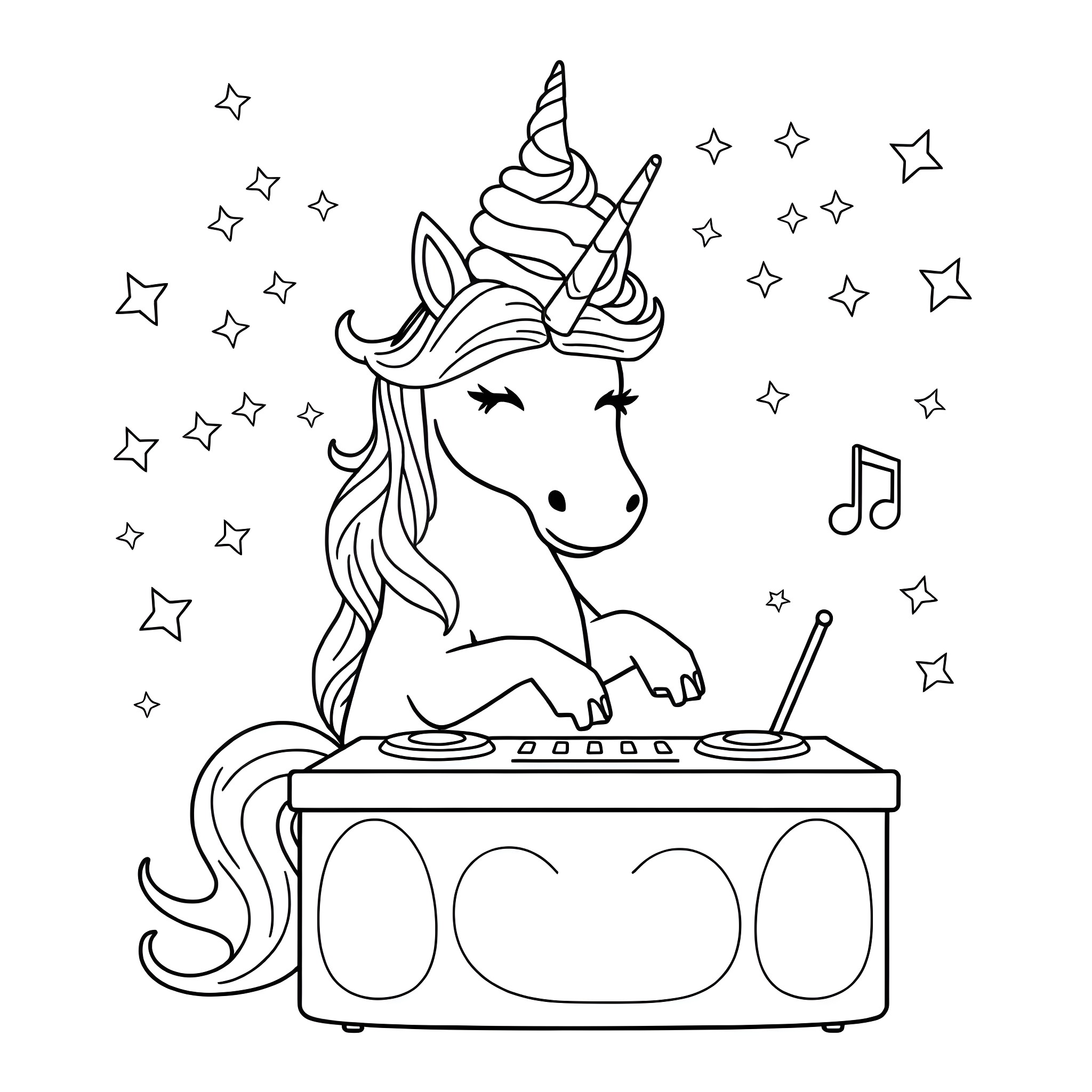 Unicorn DJ playing music in the starry night Coloring Page (free black-and-white line drawing printable PDF for all, from beginners to advanced learners, including children, teens, adults, and seniors)