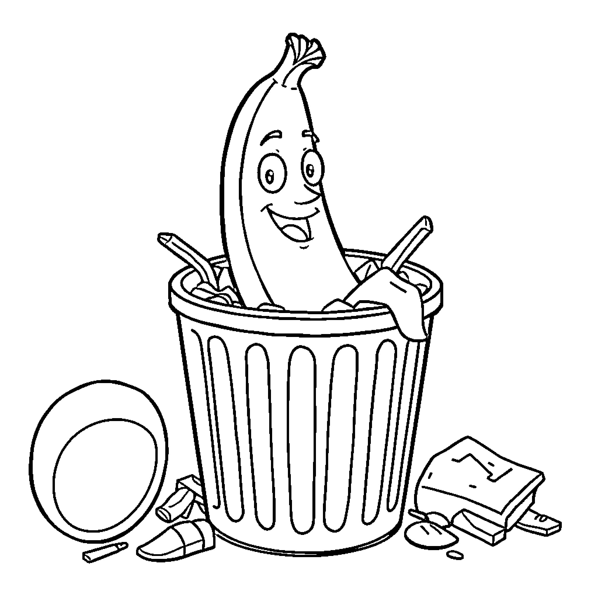 Banana trash can with happy expression Coloring Page (free black-and-white line drawing printable PDF for all, from beginners to advanced learners, including children, teens, adults, and seniors)