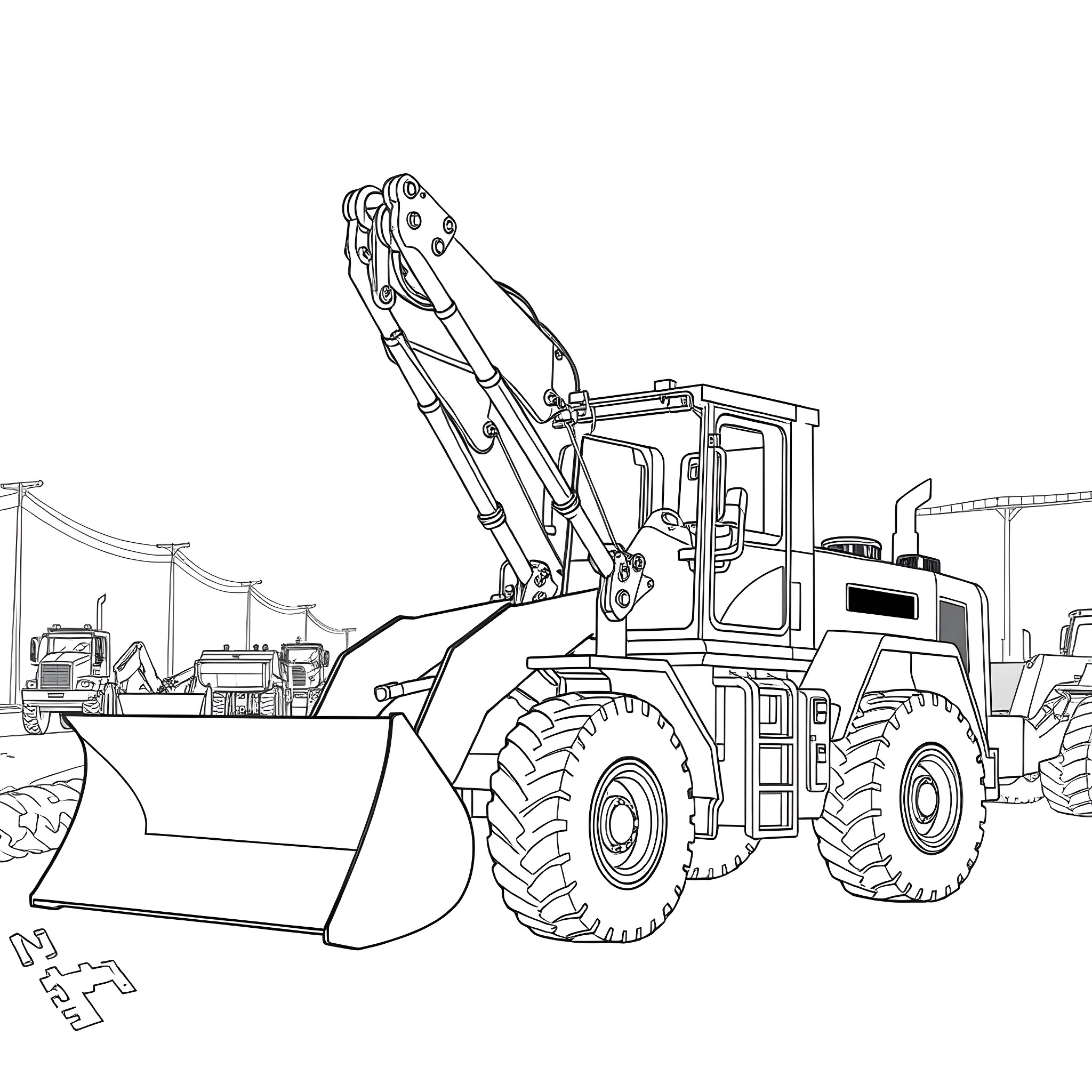 Loader at construction site operating machinery Coloring Page (free black-and-white line drawing printable PDF for all, from beginners to advanced learners, including children, teens, adults, and seniors)