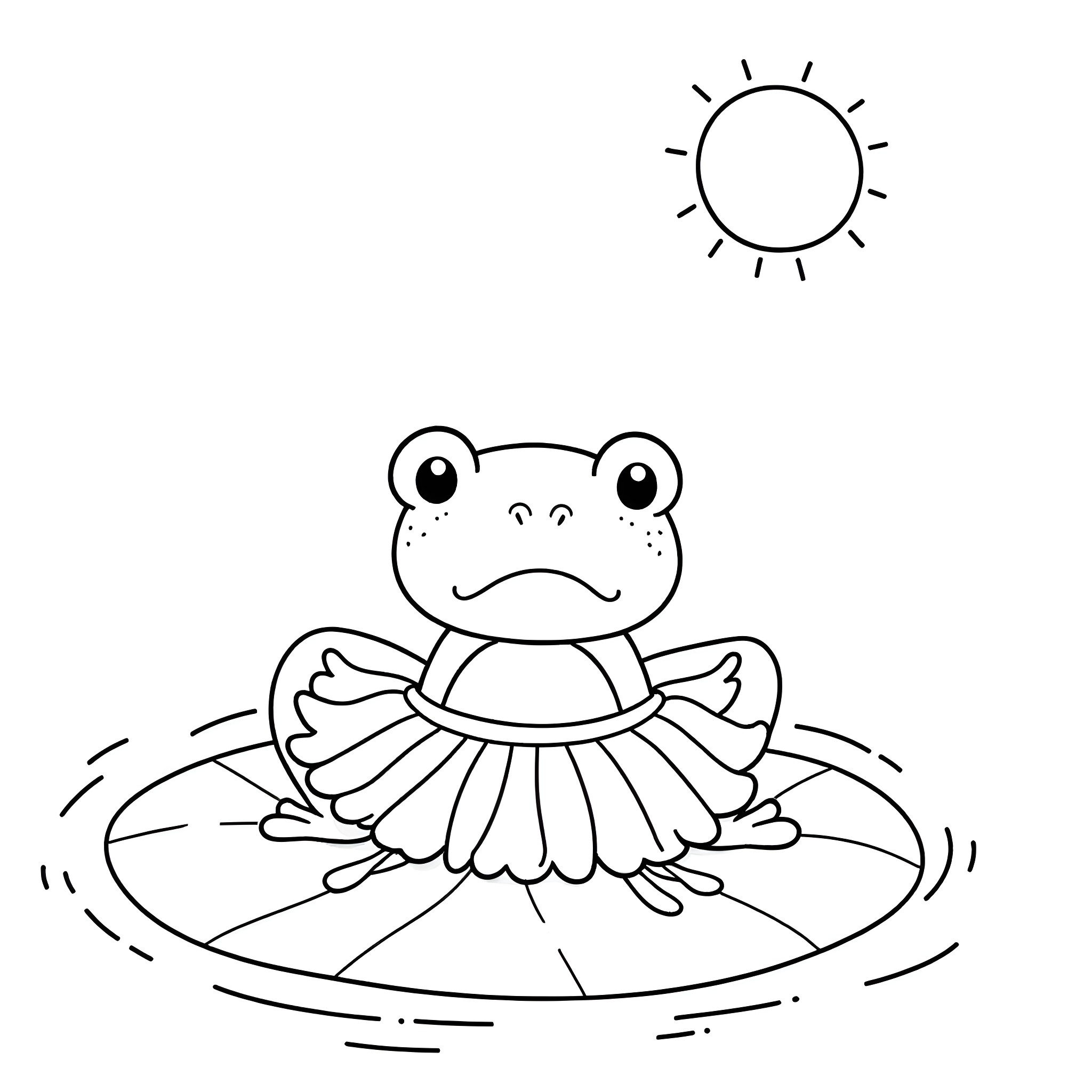 Frog basking in the sun on a lily pad Coloring Page (free black-and-white line drawing printable PDF for all, from beginners to advanced learners, including children, teens, adults, and seniors)
