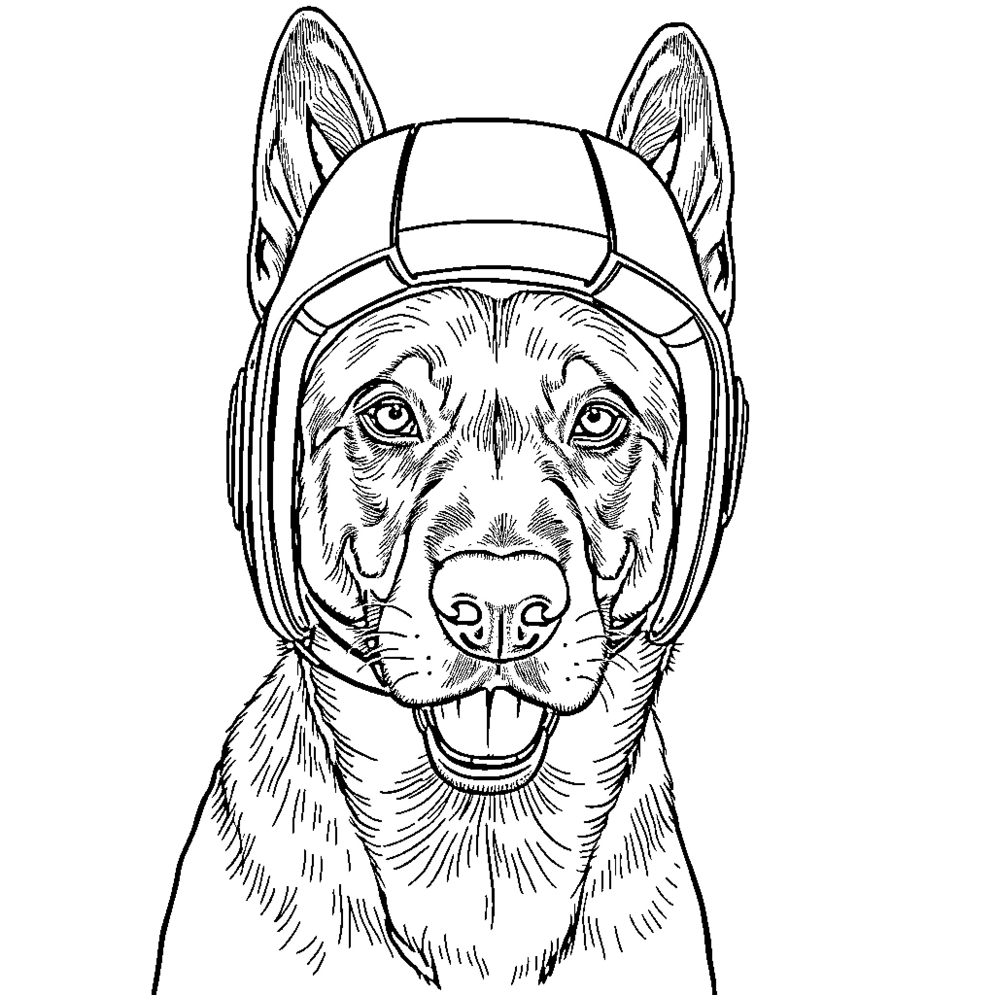 Malinois Dog Wearing Protective Helmet Coloring Page (free black-and-white line drawing printable PDF for all, from beginners to advanced learners, including children, teens, adults, and seniors)