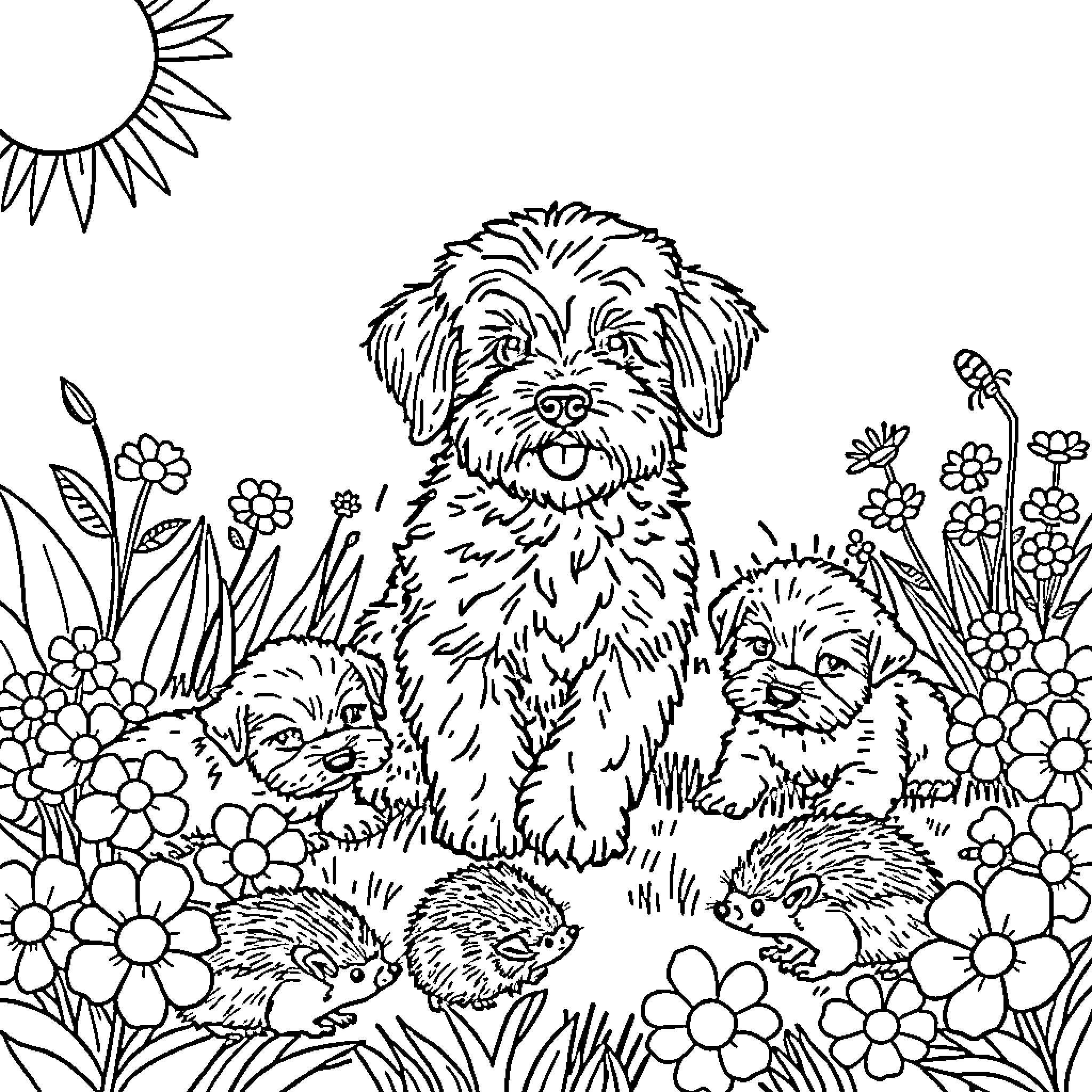 Cocapoo playing in a flower garden Coloring Page (free black-and-white line drawing printable PDF for all, from beginners to advanced learners, including children, teens, adults, and seniors)