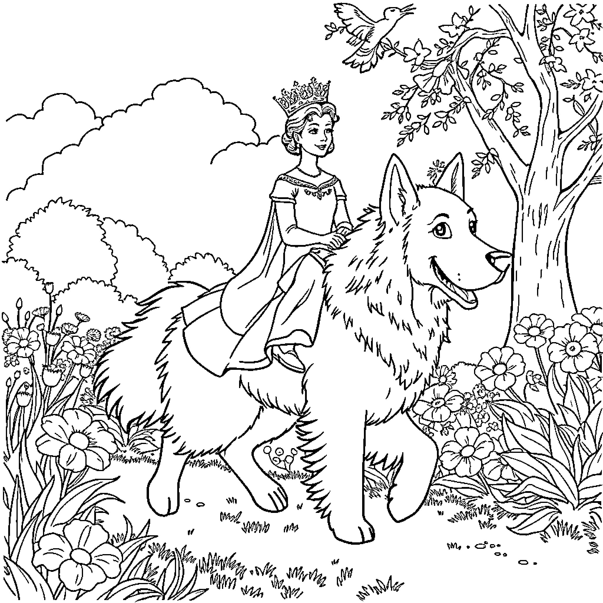 Queen rides a majestic wolf in enchanted forest Coloring Page (free black-and-white line drawing printable PDF for all, from beginners to advanced learners, including children, teens, adults, and seniors)