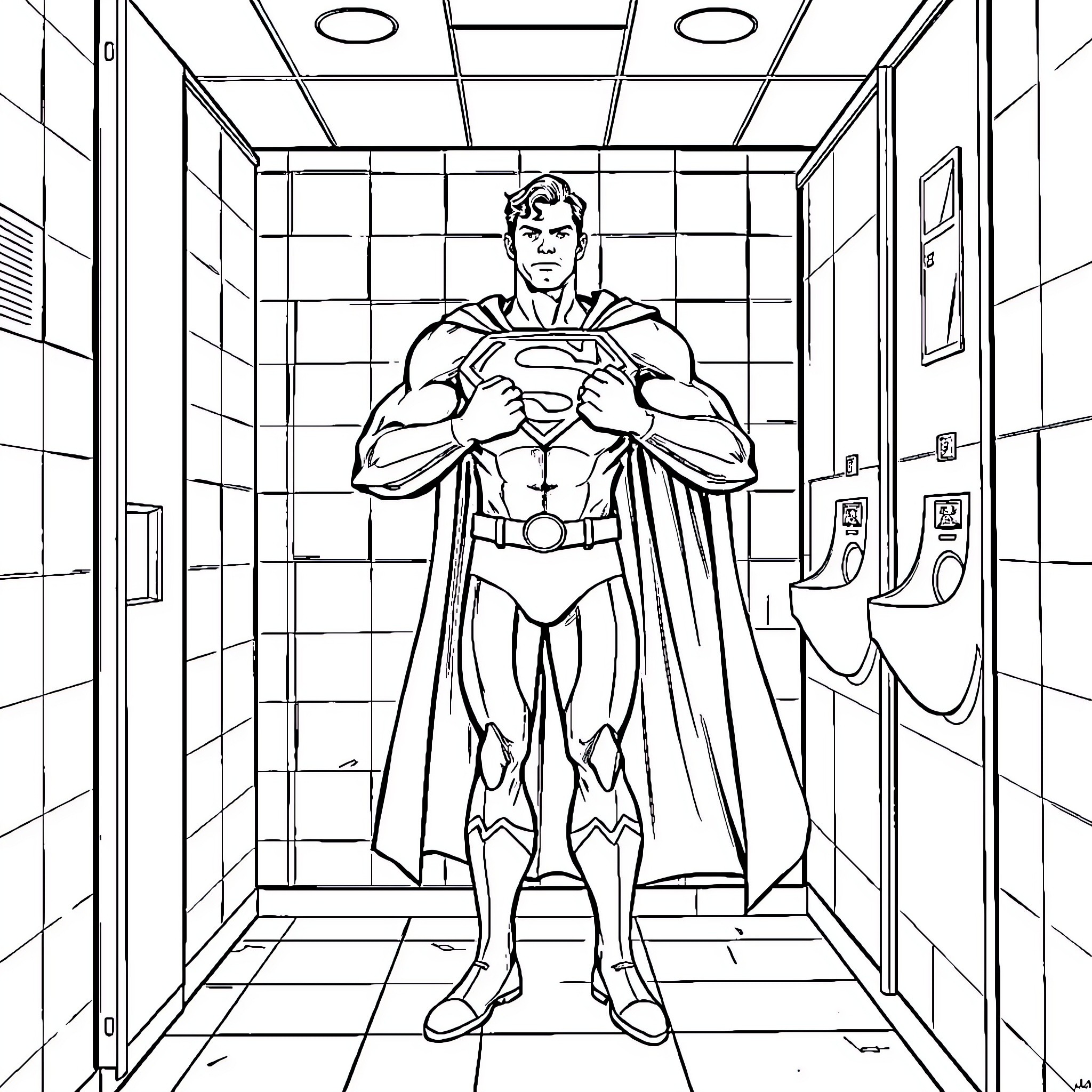 Superman standing tall in a public restroom Coloring Page (free black-and-white line drawing printable PDF for all, from beginners to advanced learners, including children, teens, adults, and seniors)