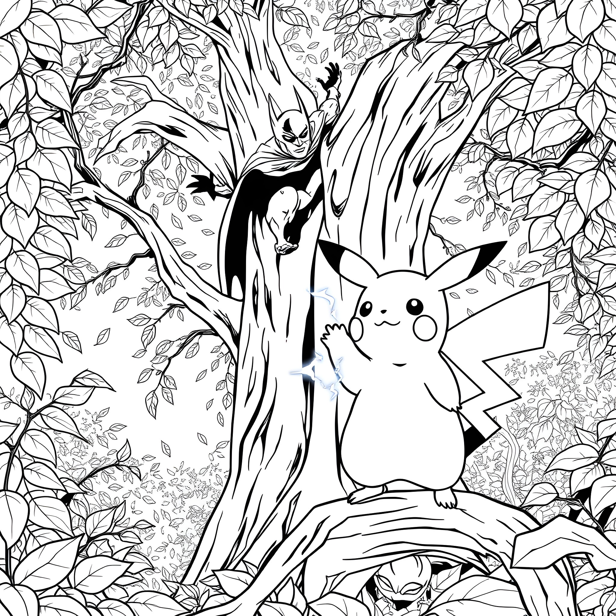 Pikachu exploring the enchanted forest with Batman Coloring Page (free black-and-white line drawing printable PDF for all, from beginners to advanced learners, including children, teens, adults, and seniors)