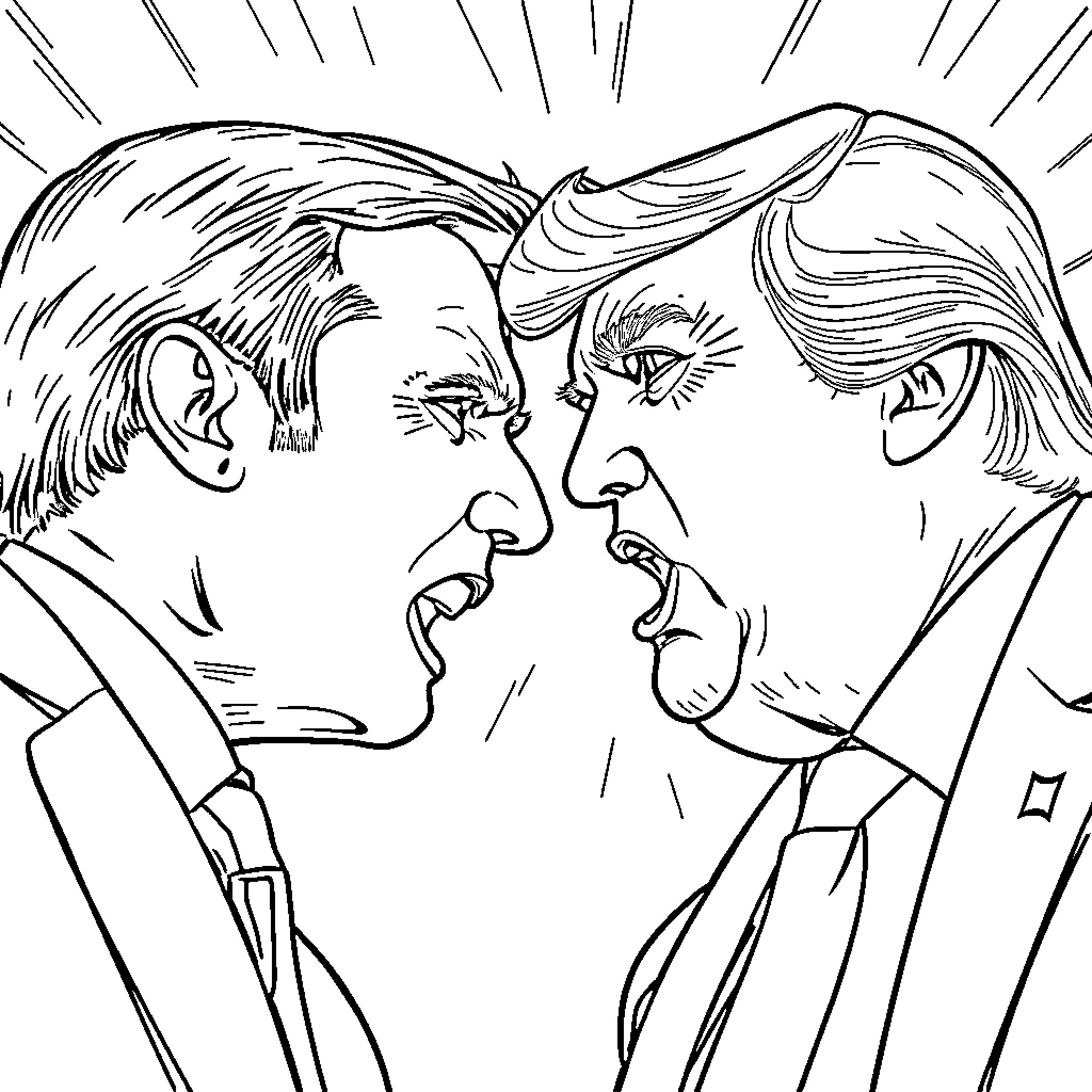 Emmanuel Macron and Political Rival Facing Off Coloring Page (free black-and-white line drawing printable PDF for all, from beginners to advanced learners, including children, teens, adults, and seniors)