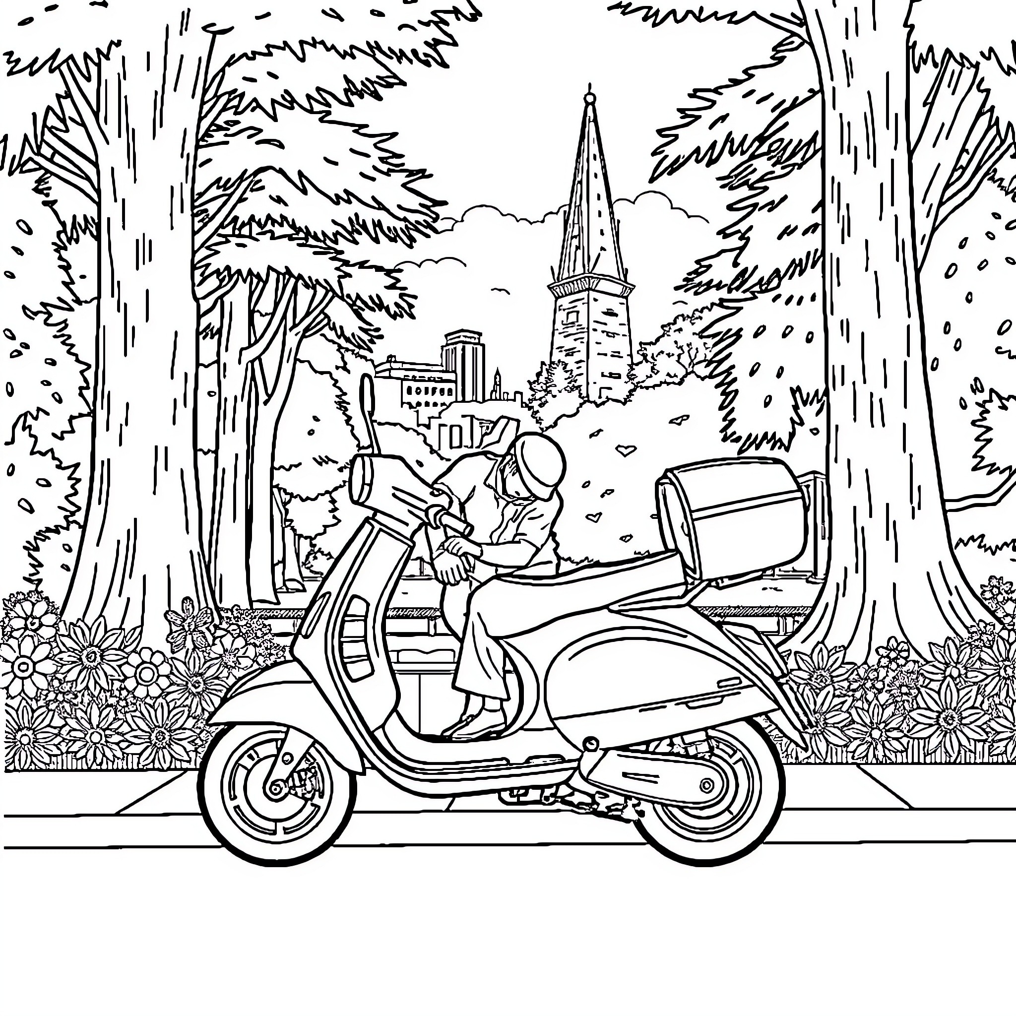 Vespa ride through scenic town Coloring Page (free black-and-white line drawing printable PDF for all, from beginners to advanced learners, including children, teens, adults, and seniors)