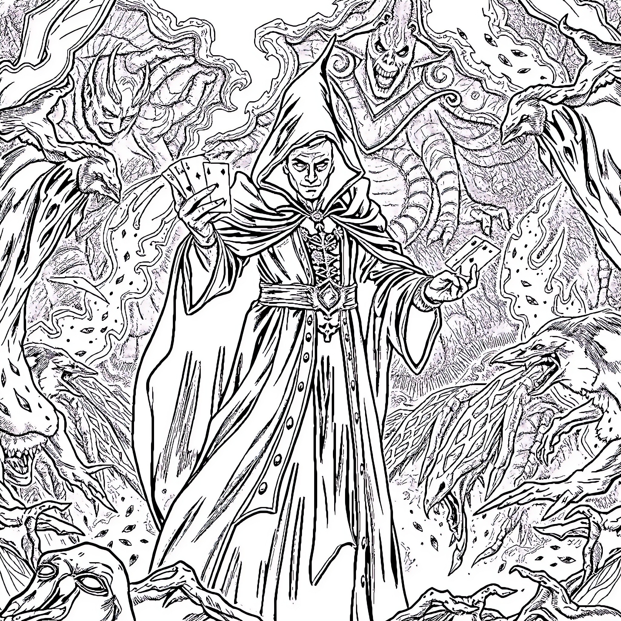 Magician's Mystical Enchantments Coloring Page (free black-and-white line drawing printable PDF for all, from beginners to advanced learners, including children, teens, adults, and seniors)