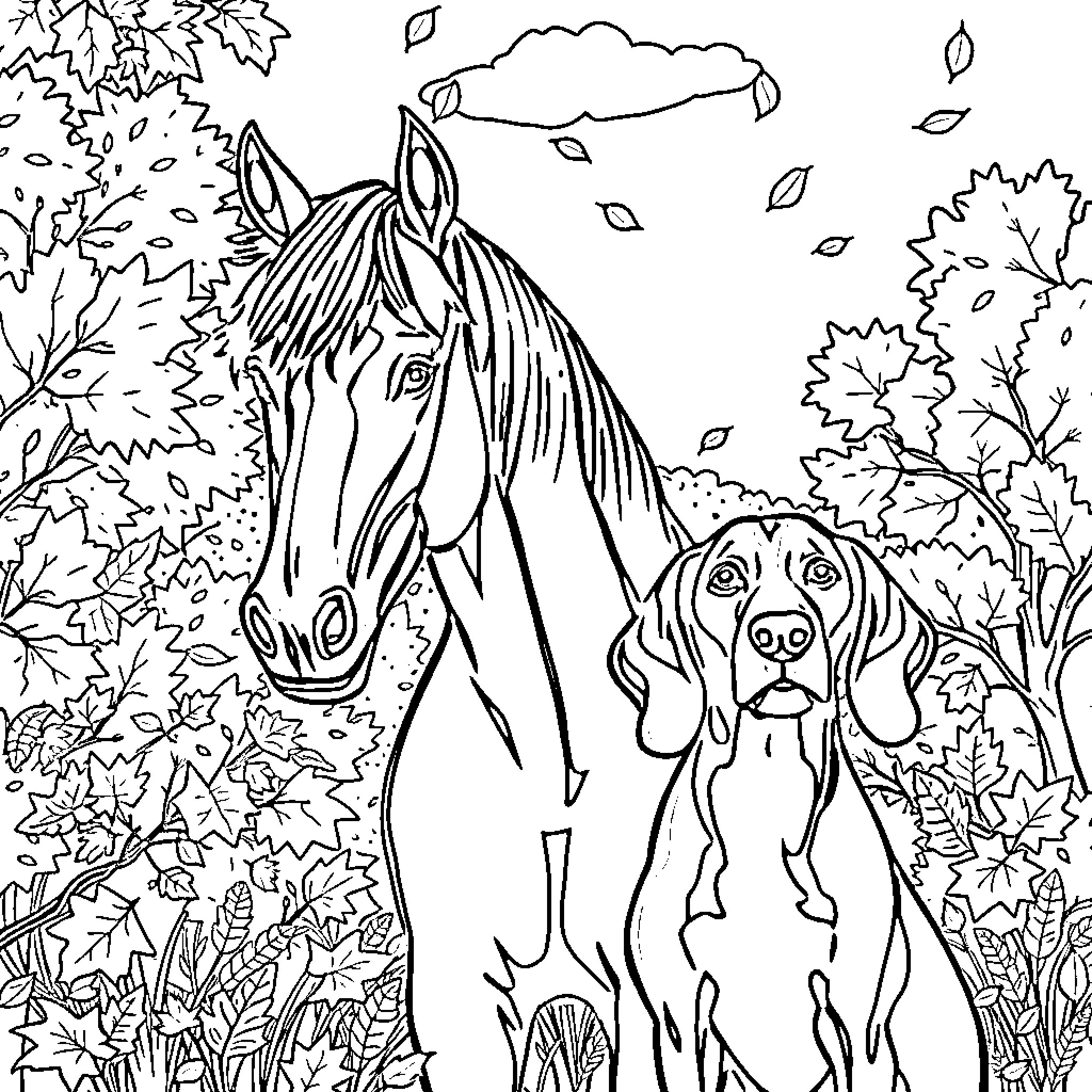 Horse and Dog in Autumn Landscape Coloring Page (free black-and-white line drawing printable PDF for all, from beginners to advanced learners, including children, teens, adults, and seniors)