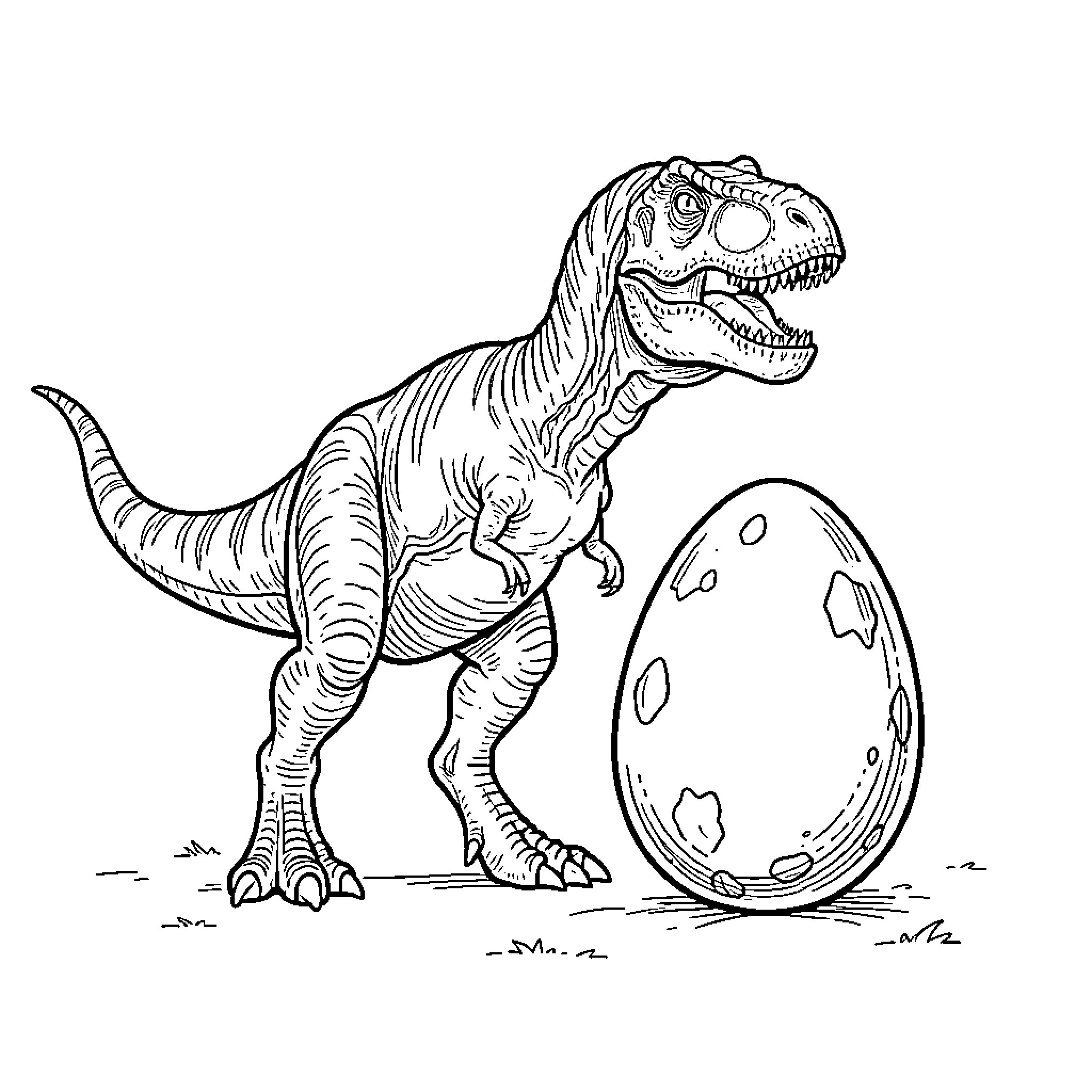 T-Rex standing beside a large egg Coloring Page (free black-and-white line drawing printable PDF for all, from beginners to advanced learners, including children, teens, adults, and seniors)