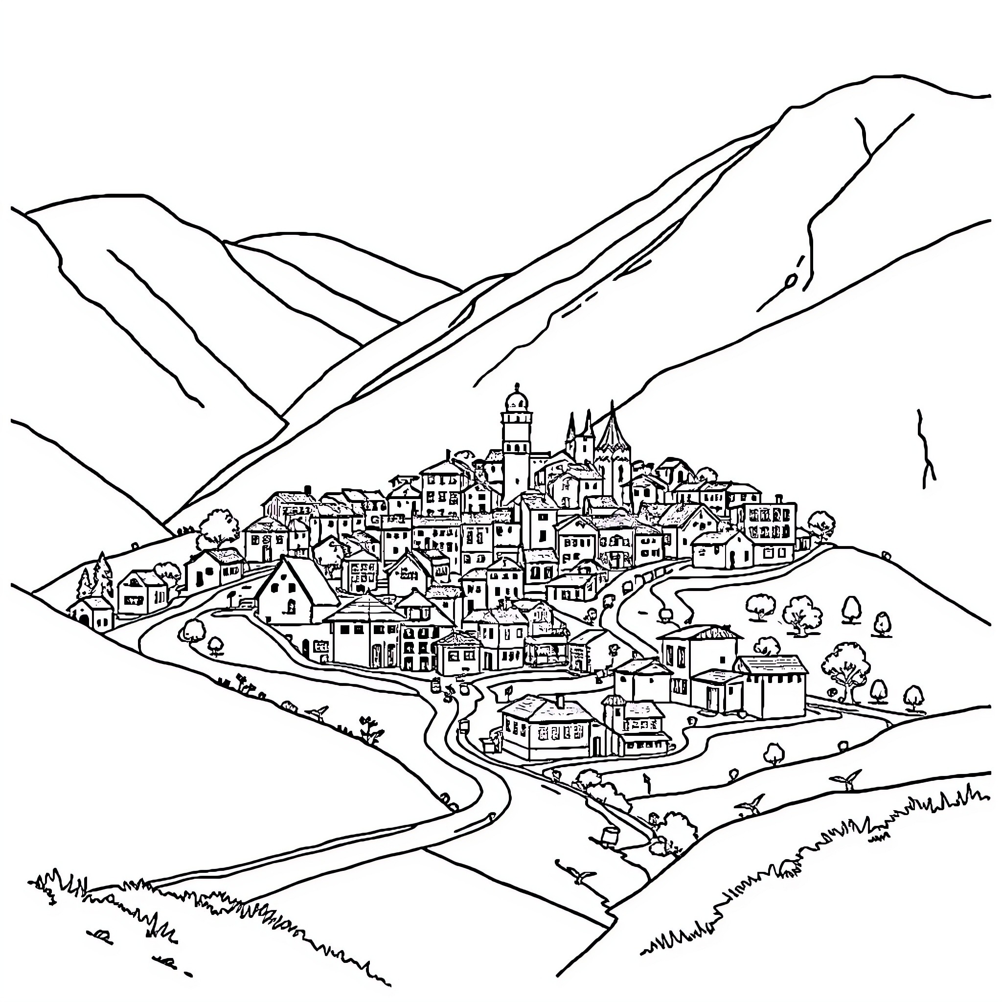 Tesehki Mountainous Town with Winding Roads Coloring Page (free black-and-white line drawing printable PDF for all, from beginners to advanced learners, including children, teens, adults, and seniors)