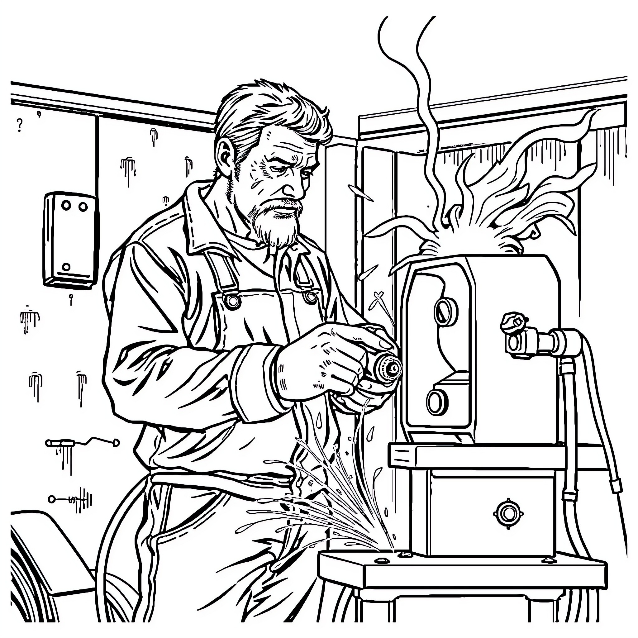 Welder Focused on His Welding Work in Workshop Coloring Page (free black-and-white line drawing printable PDF for all, from beginners to advanced learners, including children, teens, adults, and seniors)