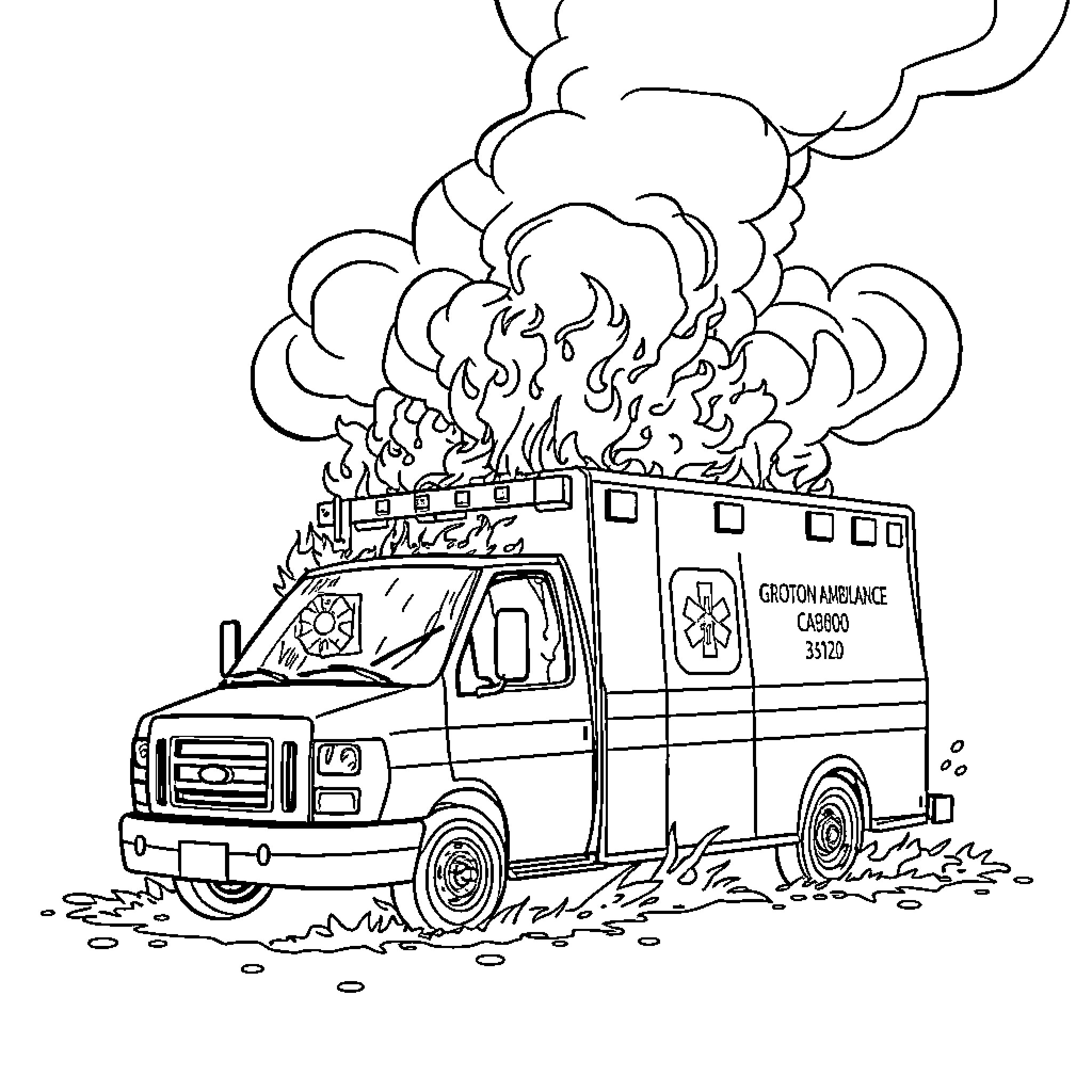Ambulance speeding to emergency scene Coloring Page (free black-and-white line drawing printable PDF for all, from beginners to advanced learners, including children, teens, adults, and seniors)