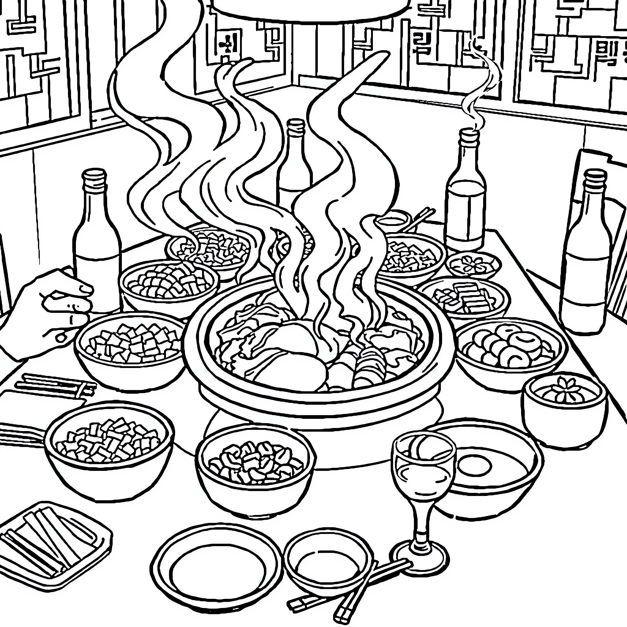 Table filled with Delicious Dishes and Drinks Coloring Page (free black-and-white line drawing printable PDF for all, from beginners to advanced learners, including children, teens, adults, and seniors)